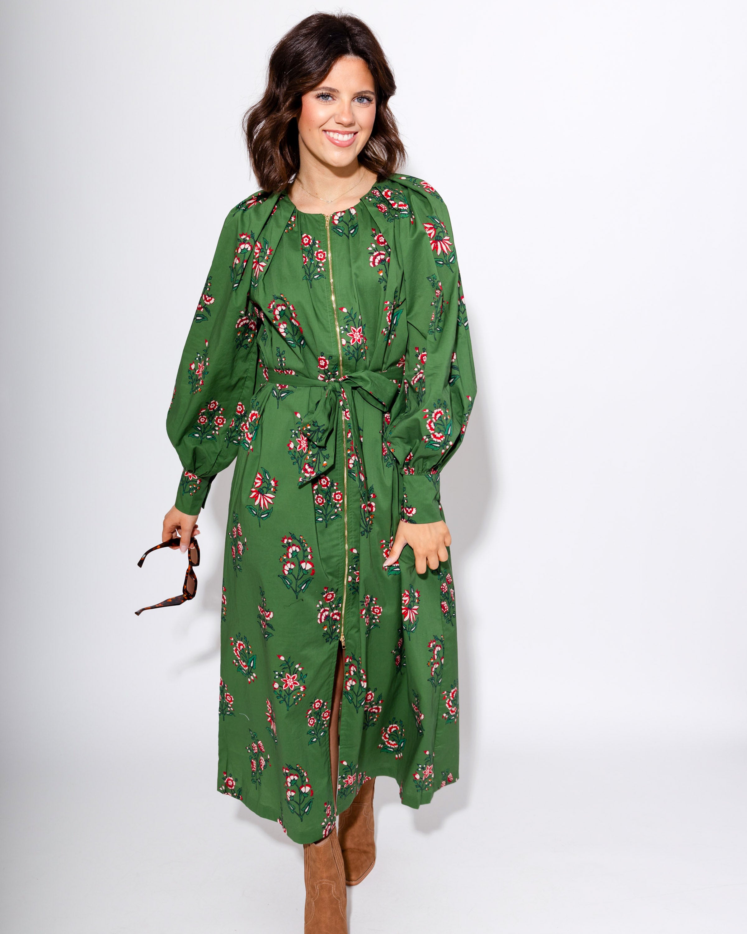 Olive Bloom Zip-Front Midi