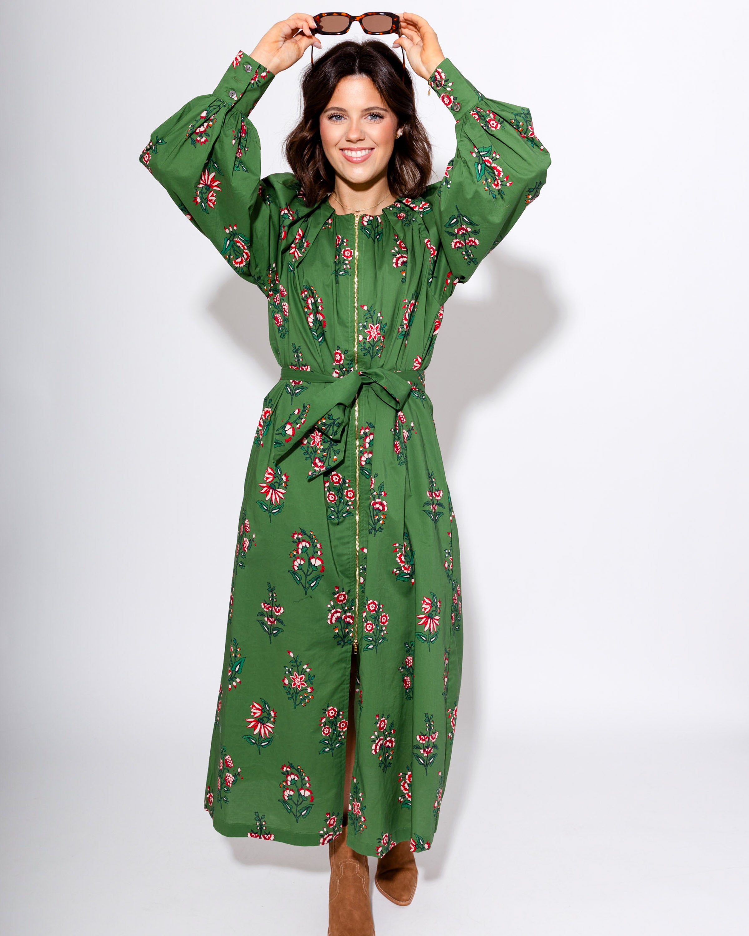 Olive Bloom Zip-Front Midi