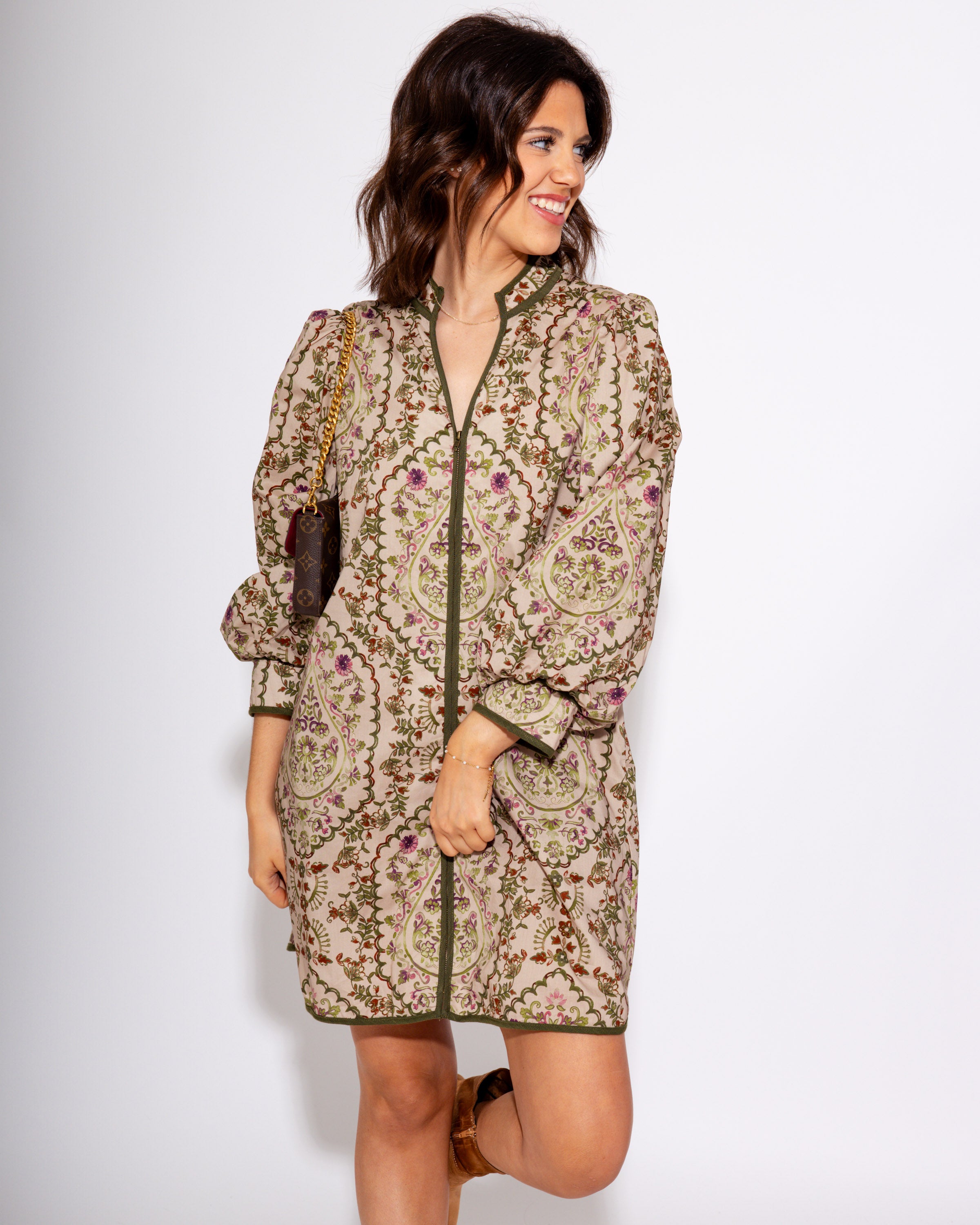 Floral Contrast Zip Mini Dress