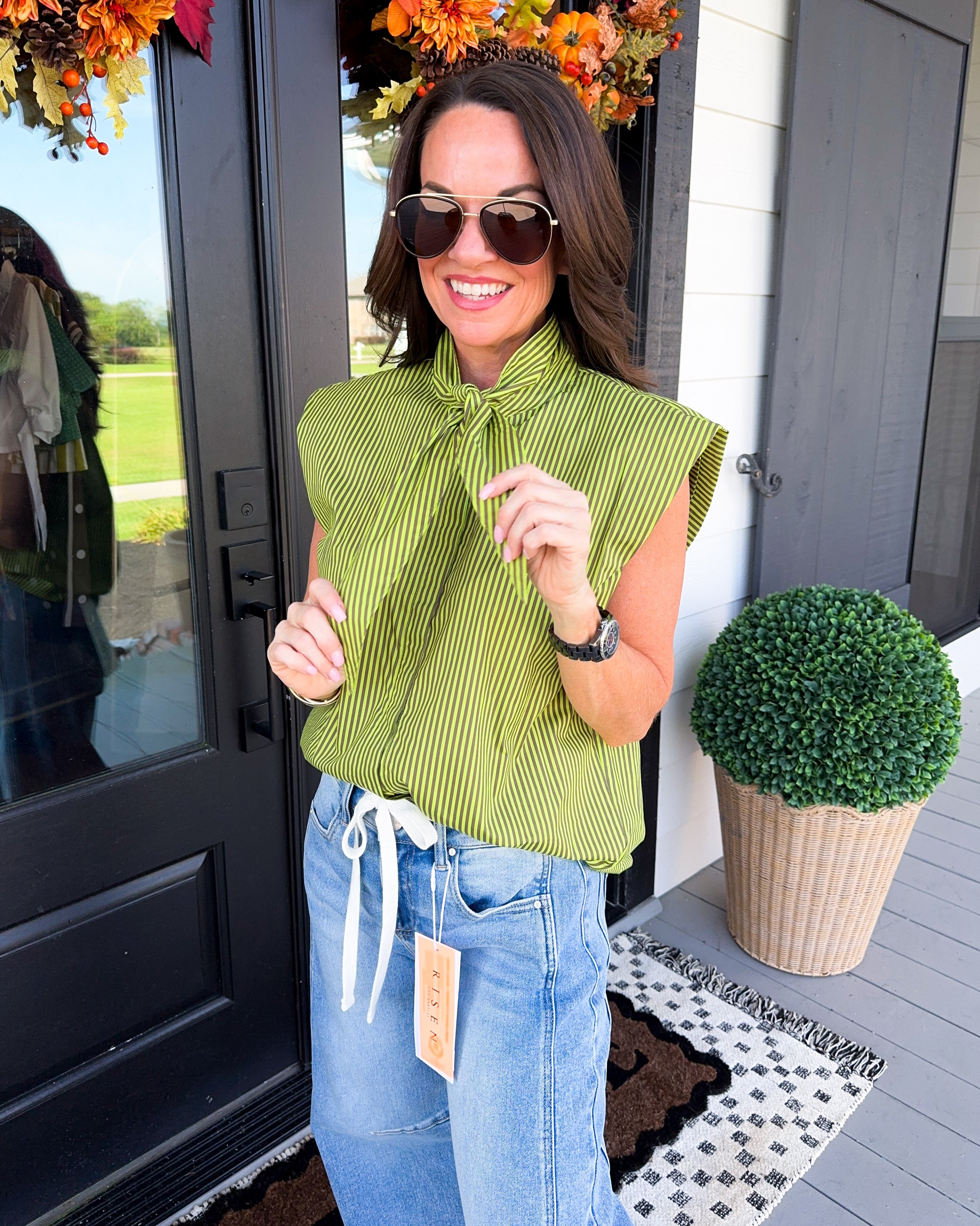 Bright Stripe Neck Tie Top in Lime