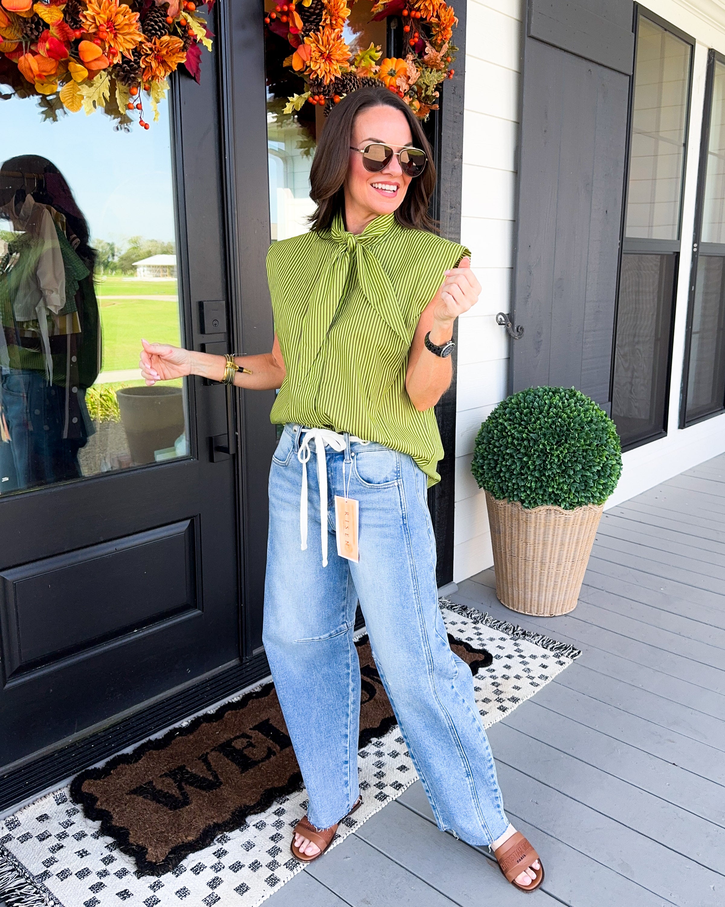 Bright Stripe Neck Tie Top in Lime