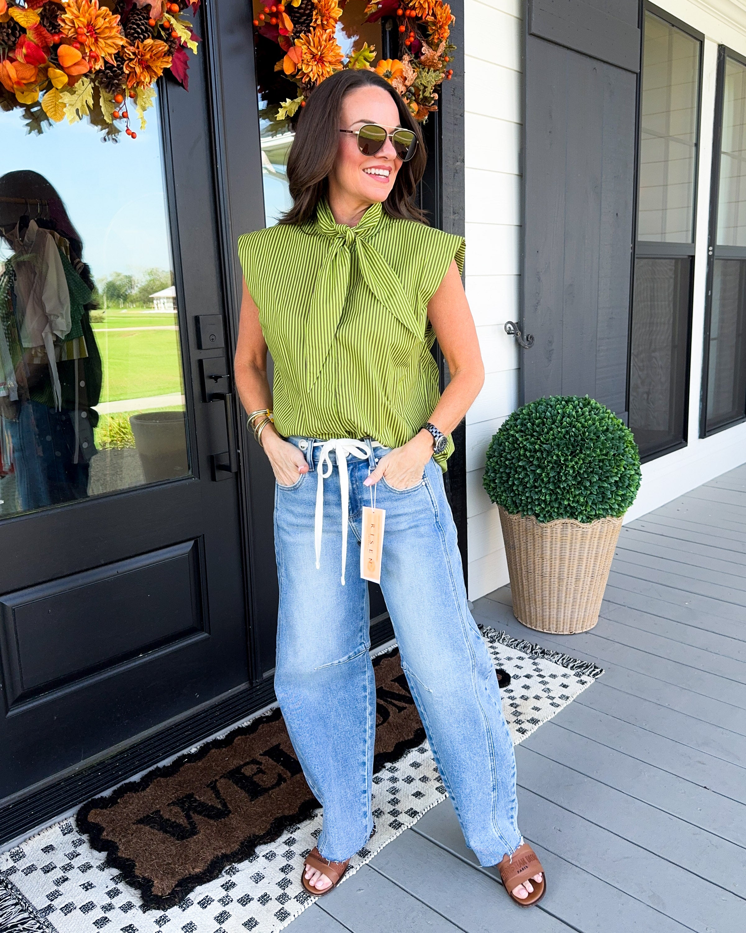 Bright Stripe Neck Tie Top in Lime