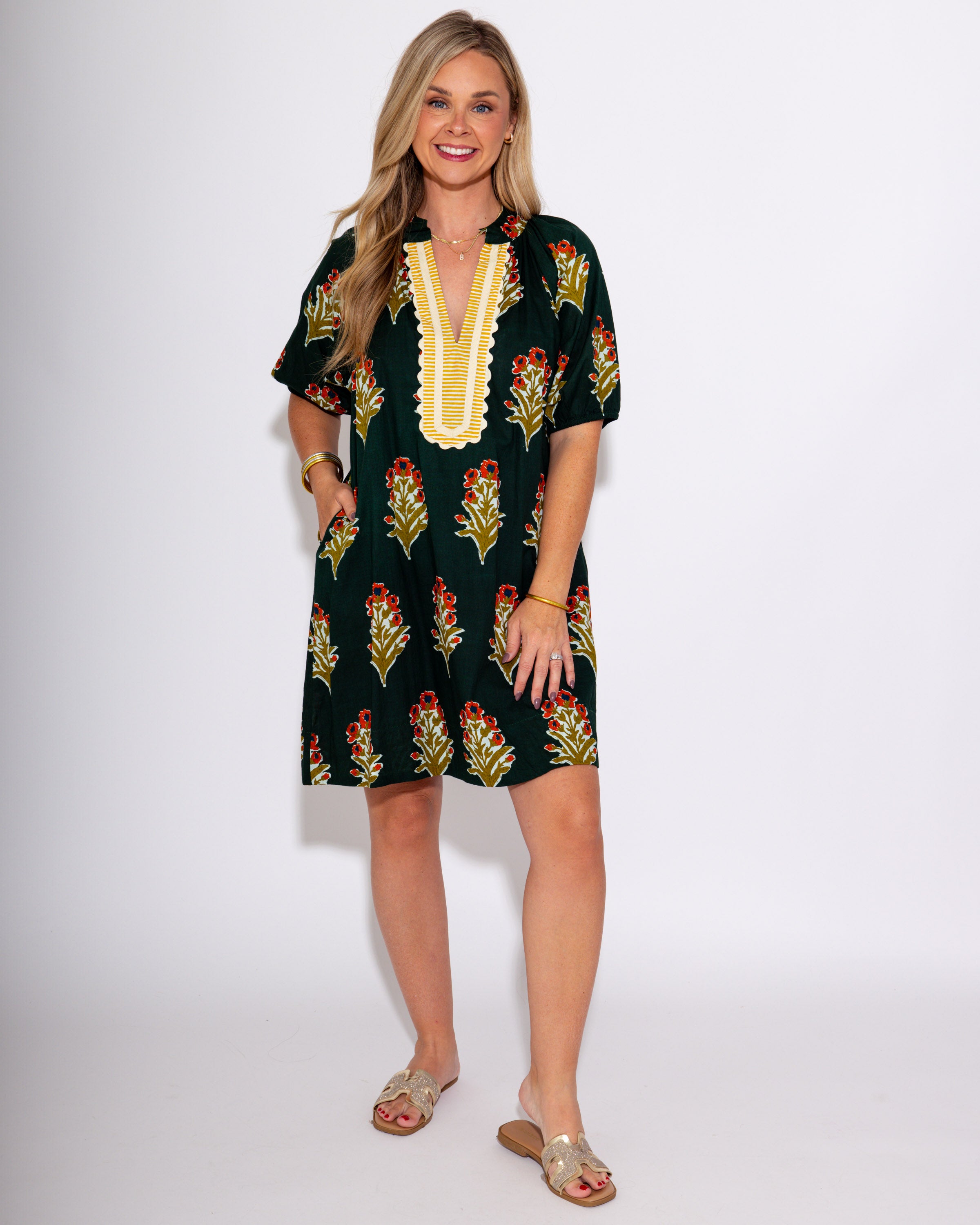 Petal Stripe V-Neck Dress in Green