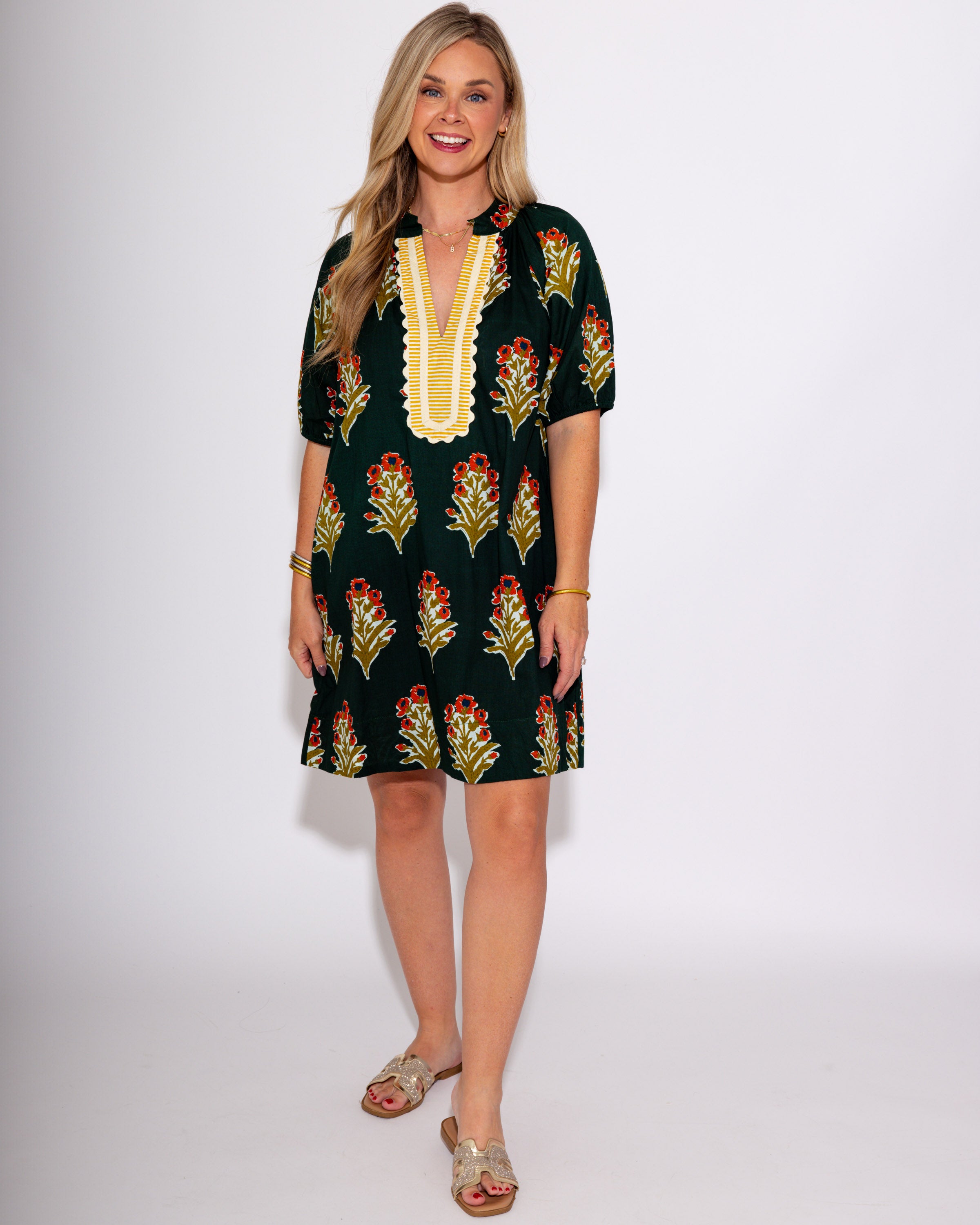 Petal Stripe V-Neck Dress in Green