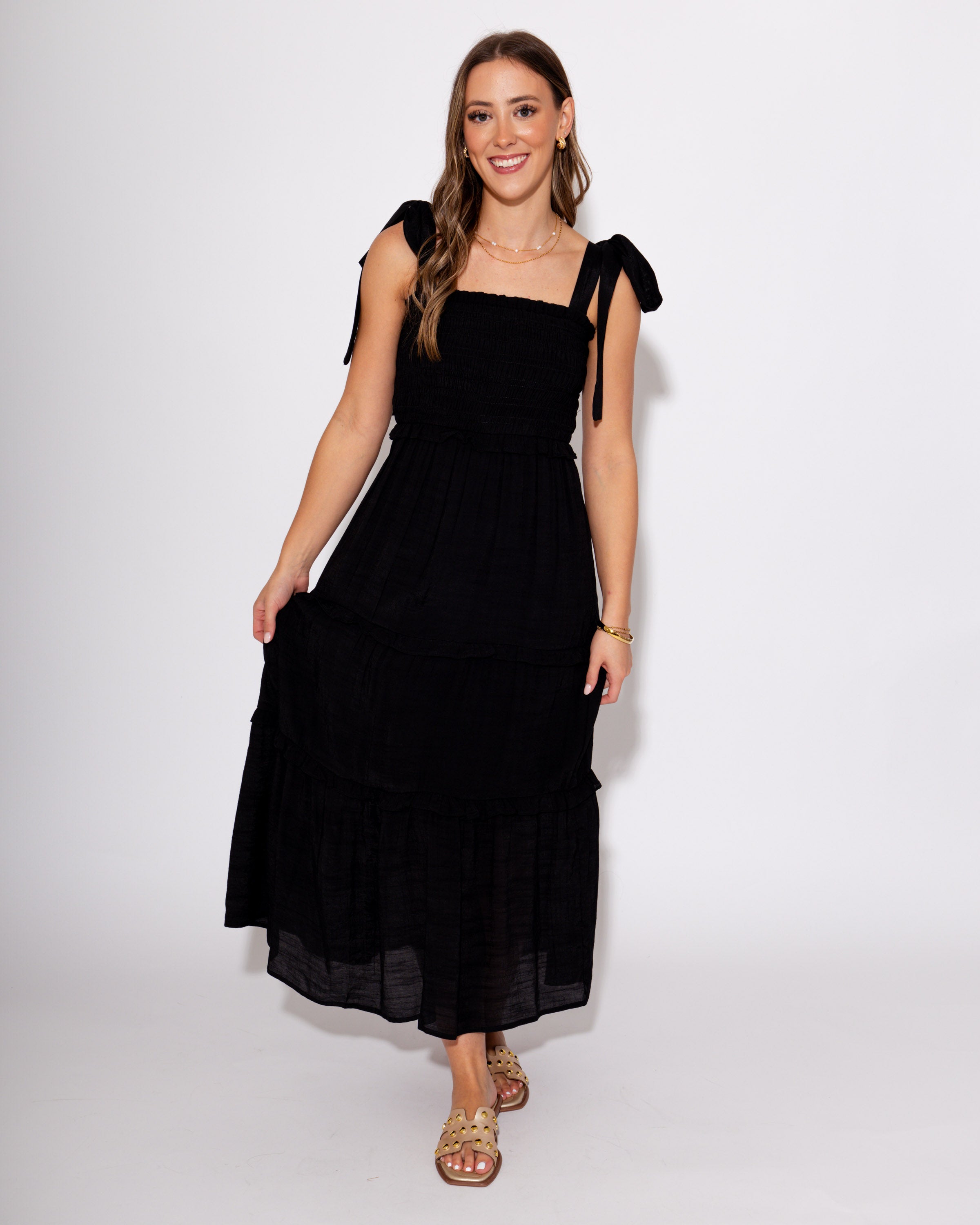 Gathered Grace Pleated Midi Dress in Black