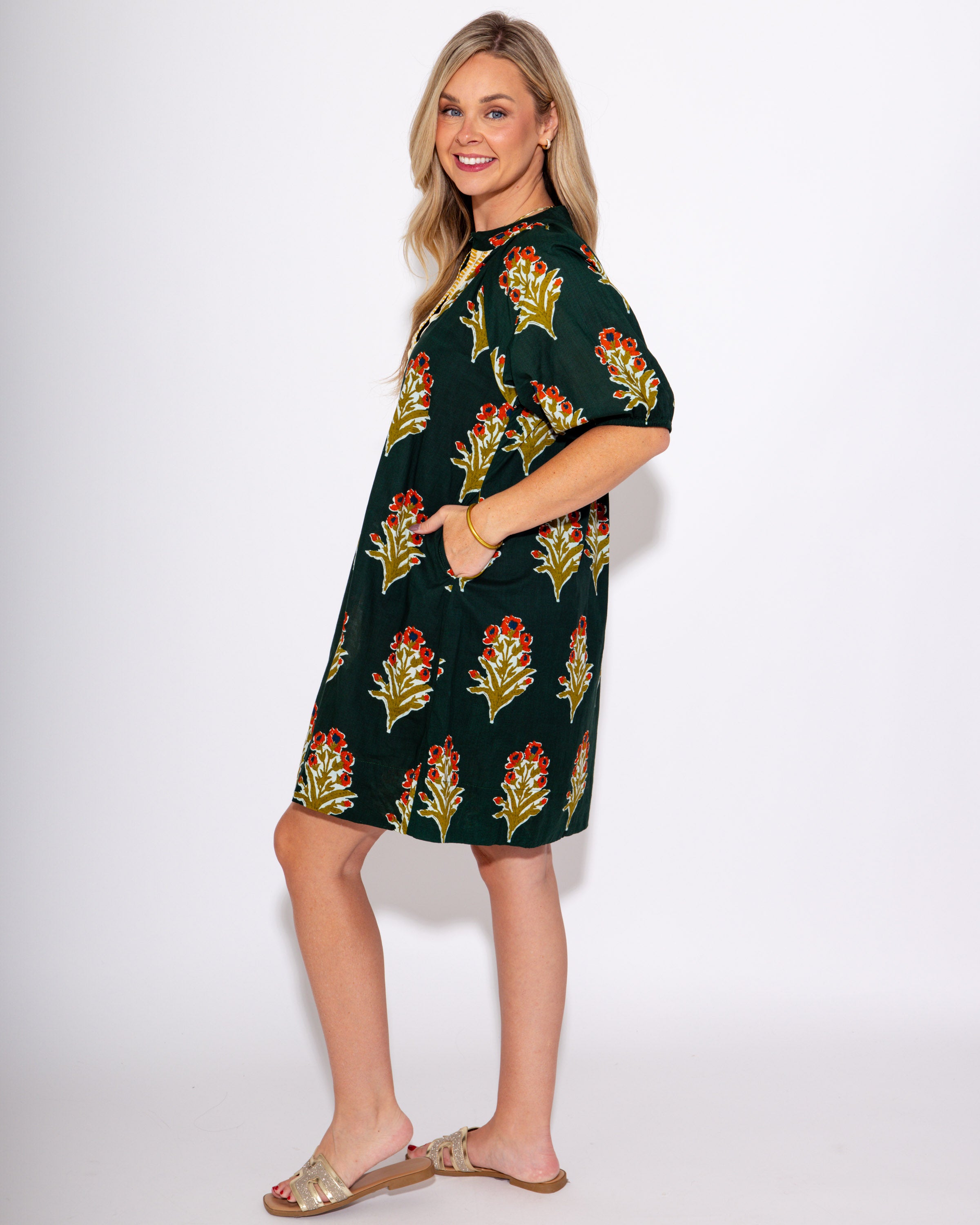 Petal Stripe V-Neck Dress in Green