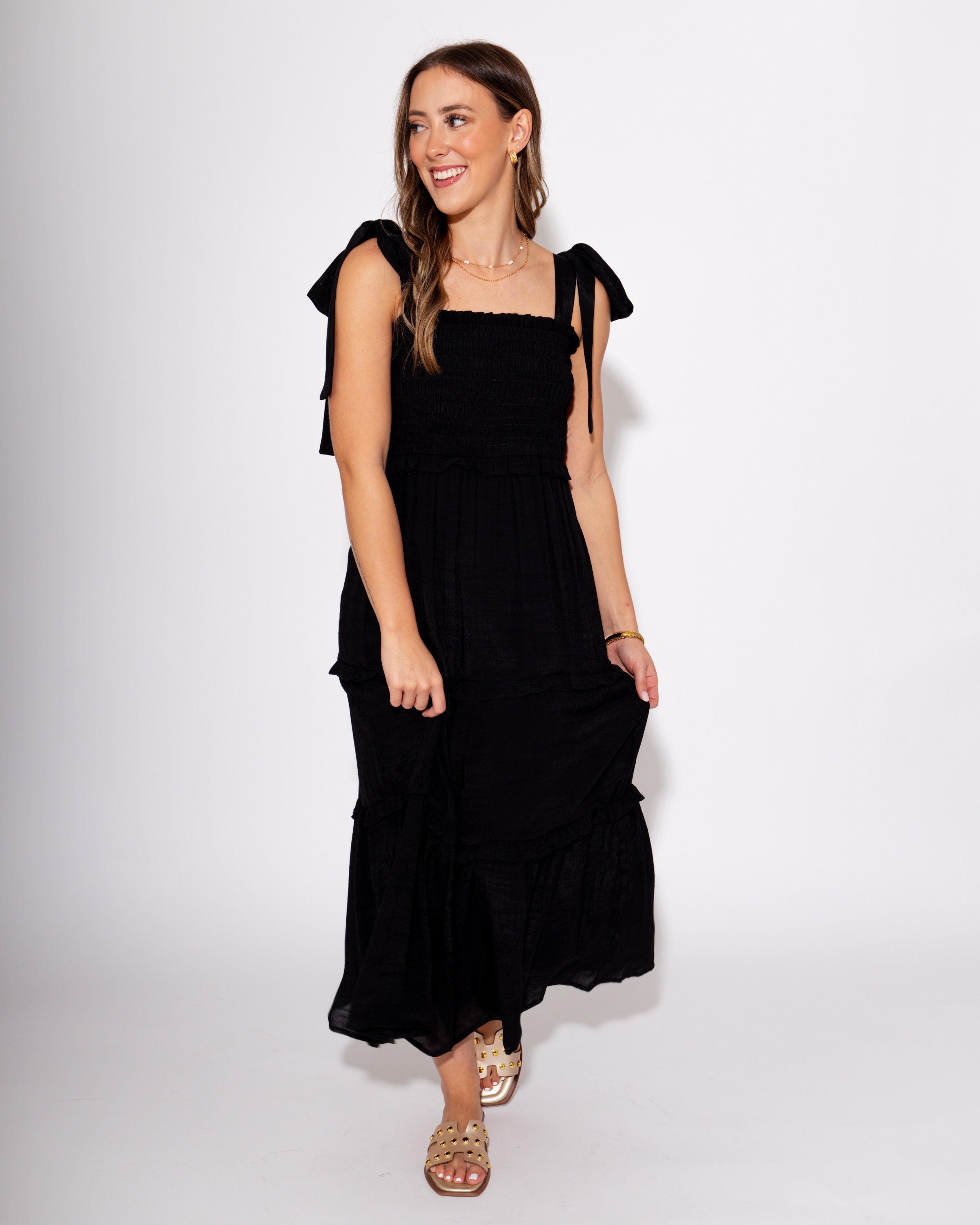 Gathered Grace Pleated Midi Dress in Black