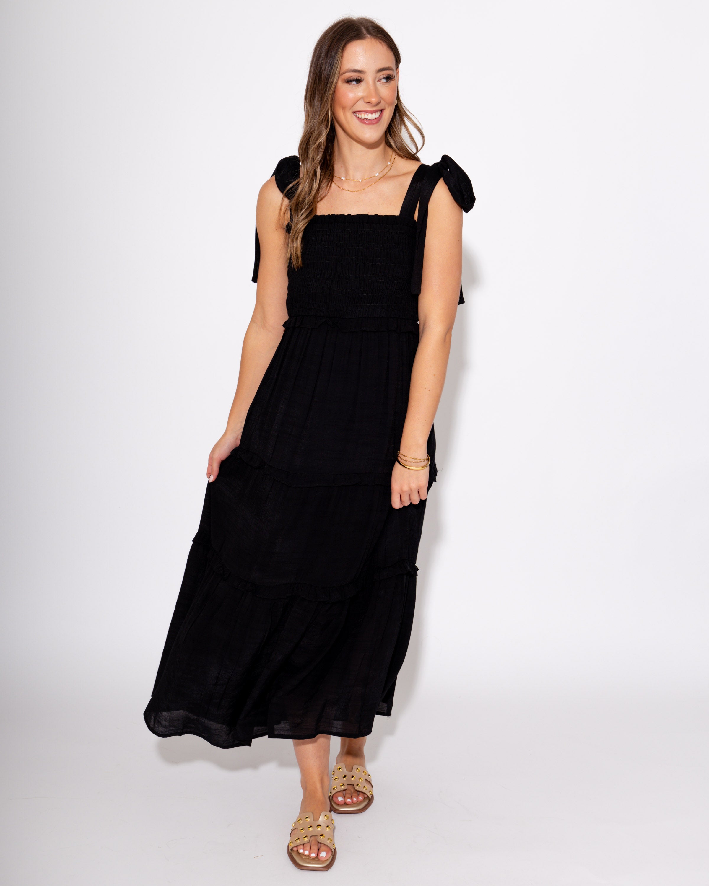 Gathered Grace Pleated Midi Dress in Black
