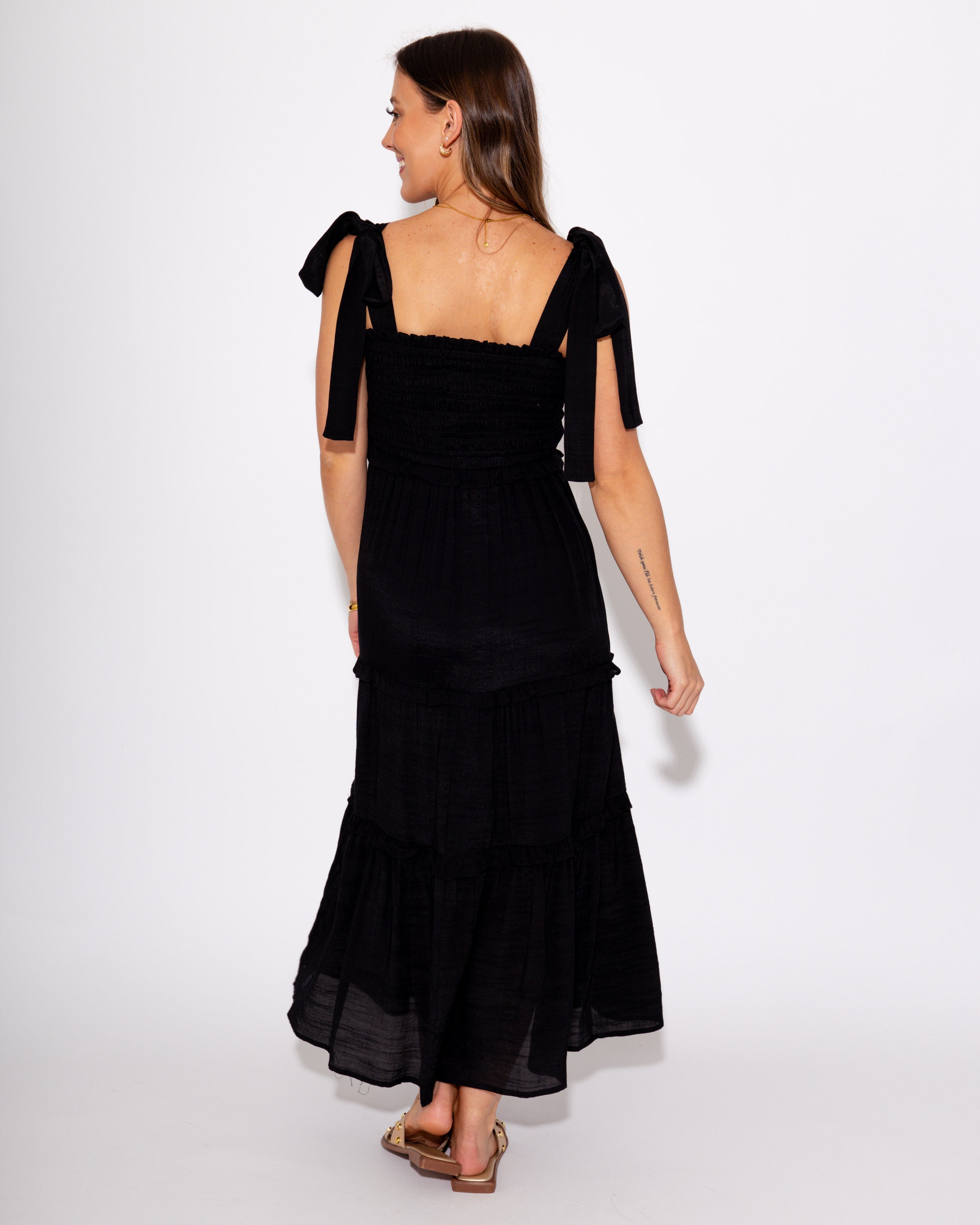 Gathered Grace Pleated Midi Dress in Black