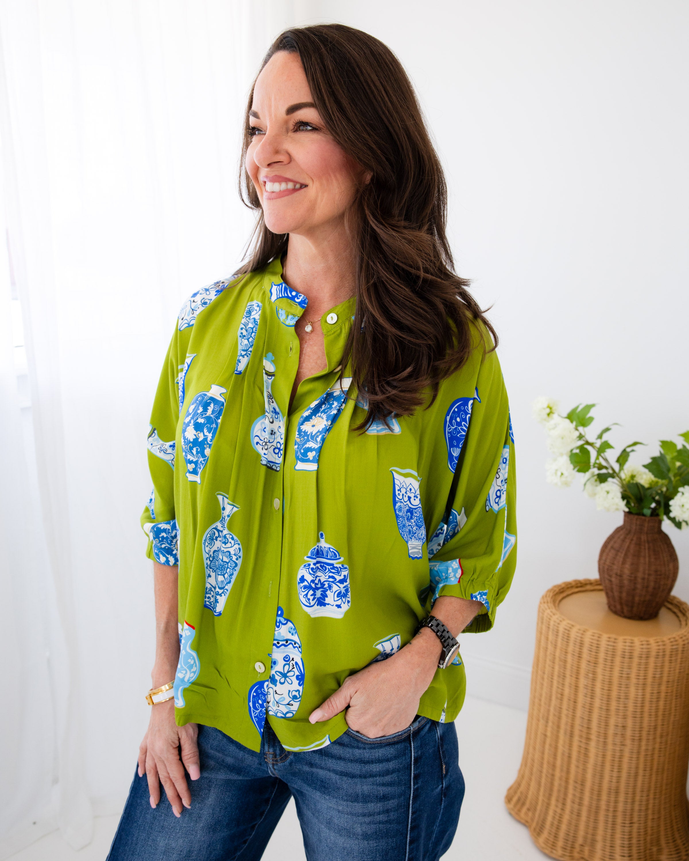 Vase Print Button Up Top