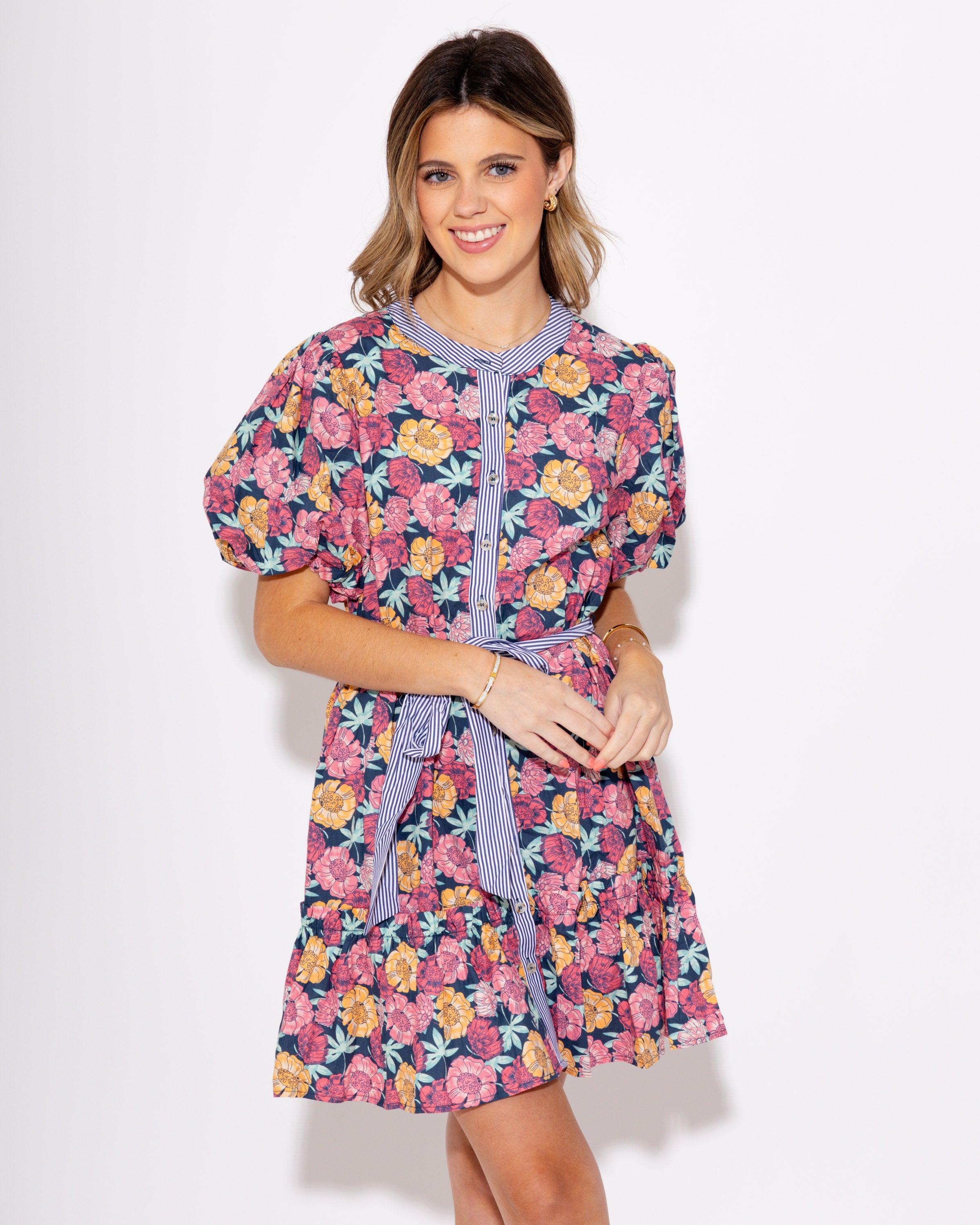 Belted Botanical Charm Floral Mini Dress