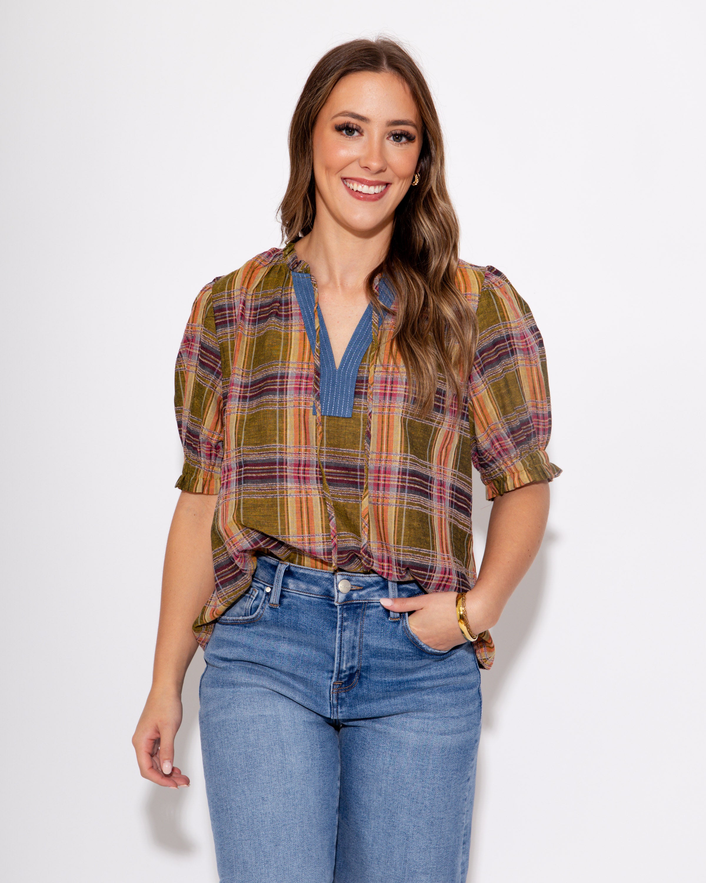 Color Pop Plaid Puff Sleeve Top