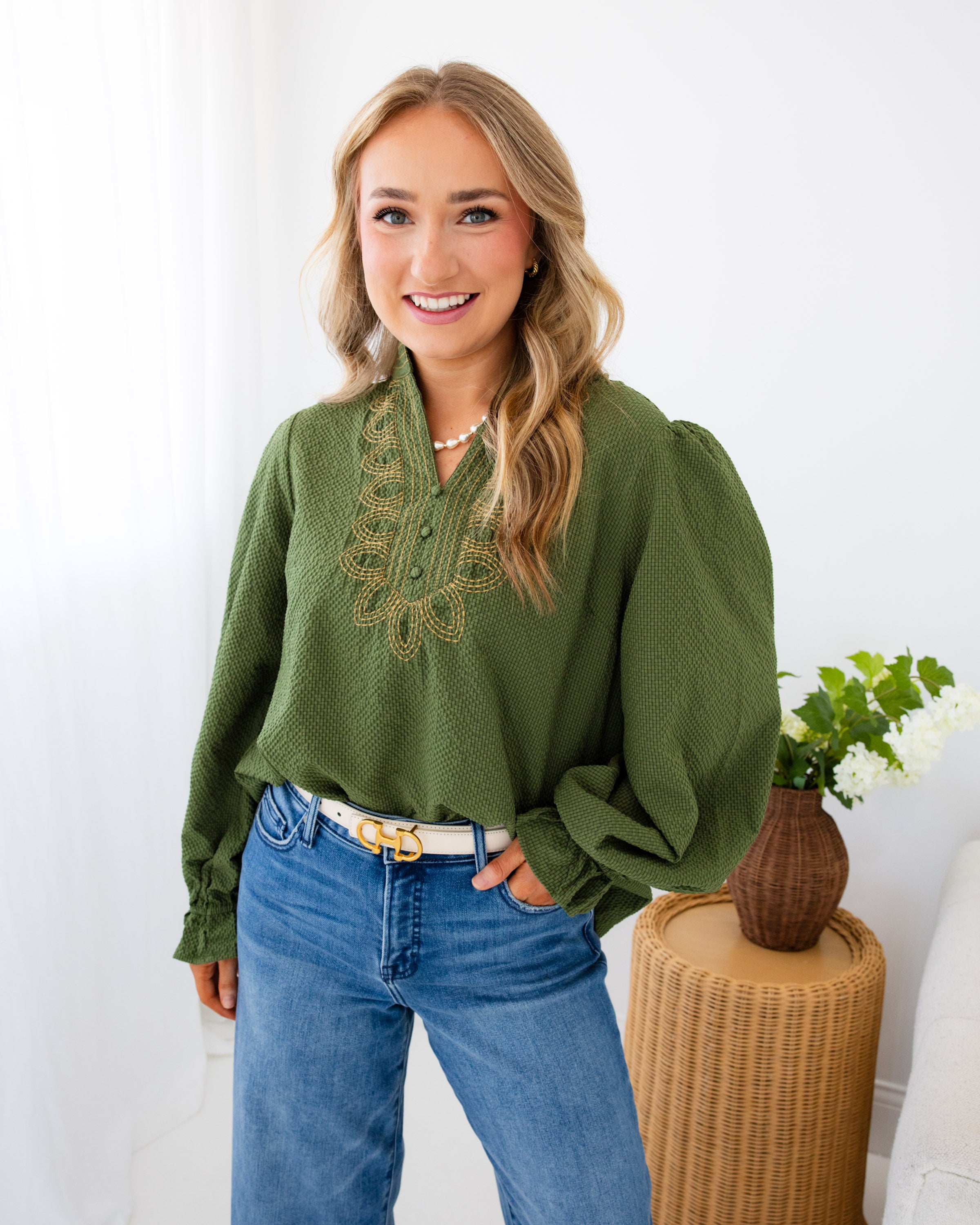 Embroidered Textured Top in Olive