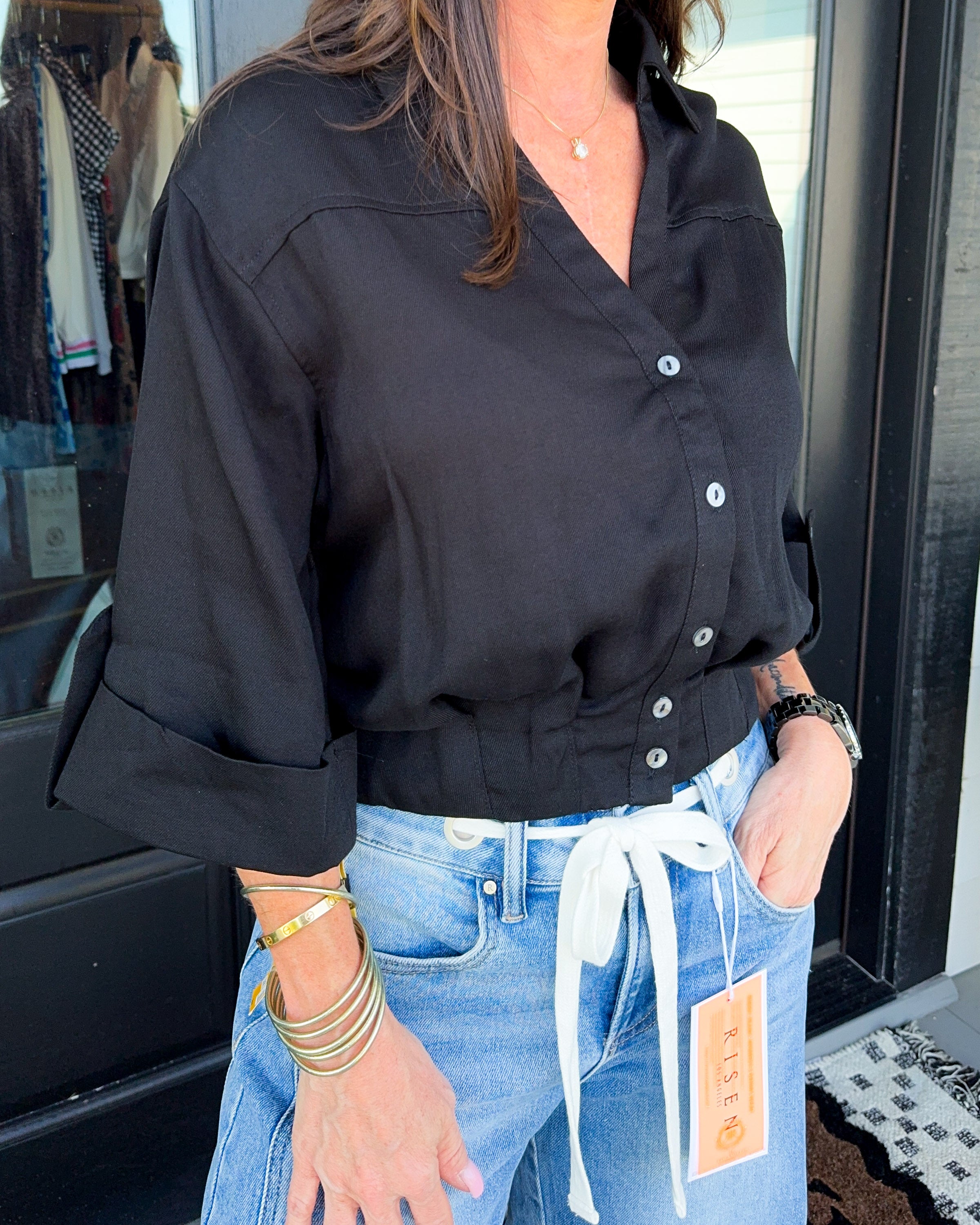 Smocked Hem V-Neck Top in Black