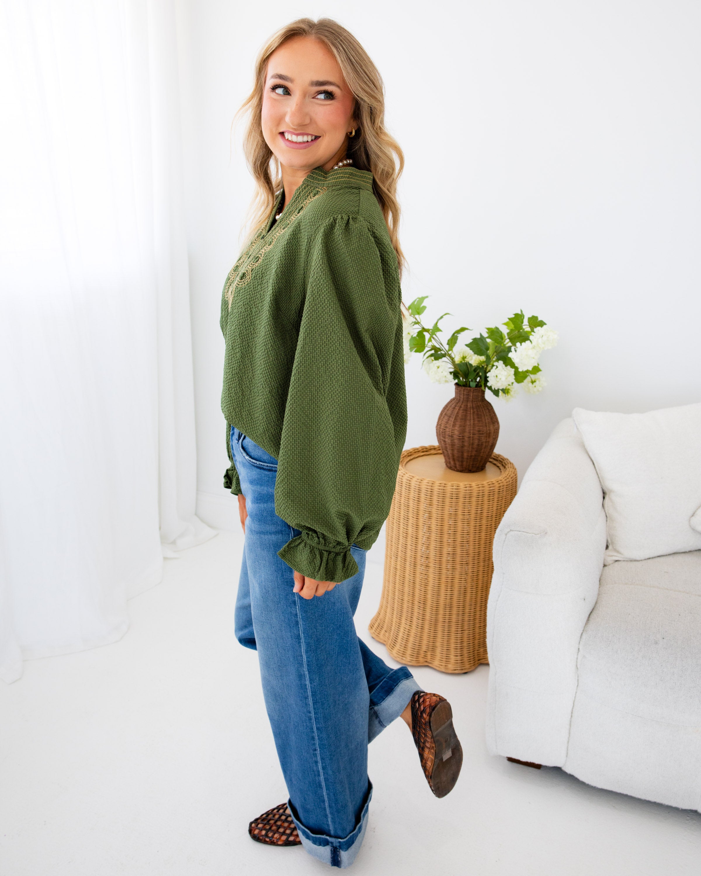 Embroidered Textured Top in Olive