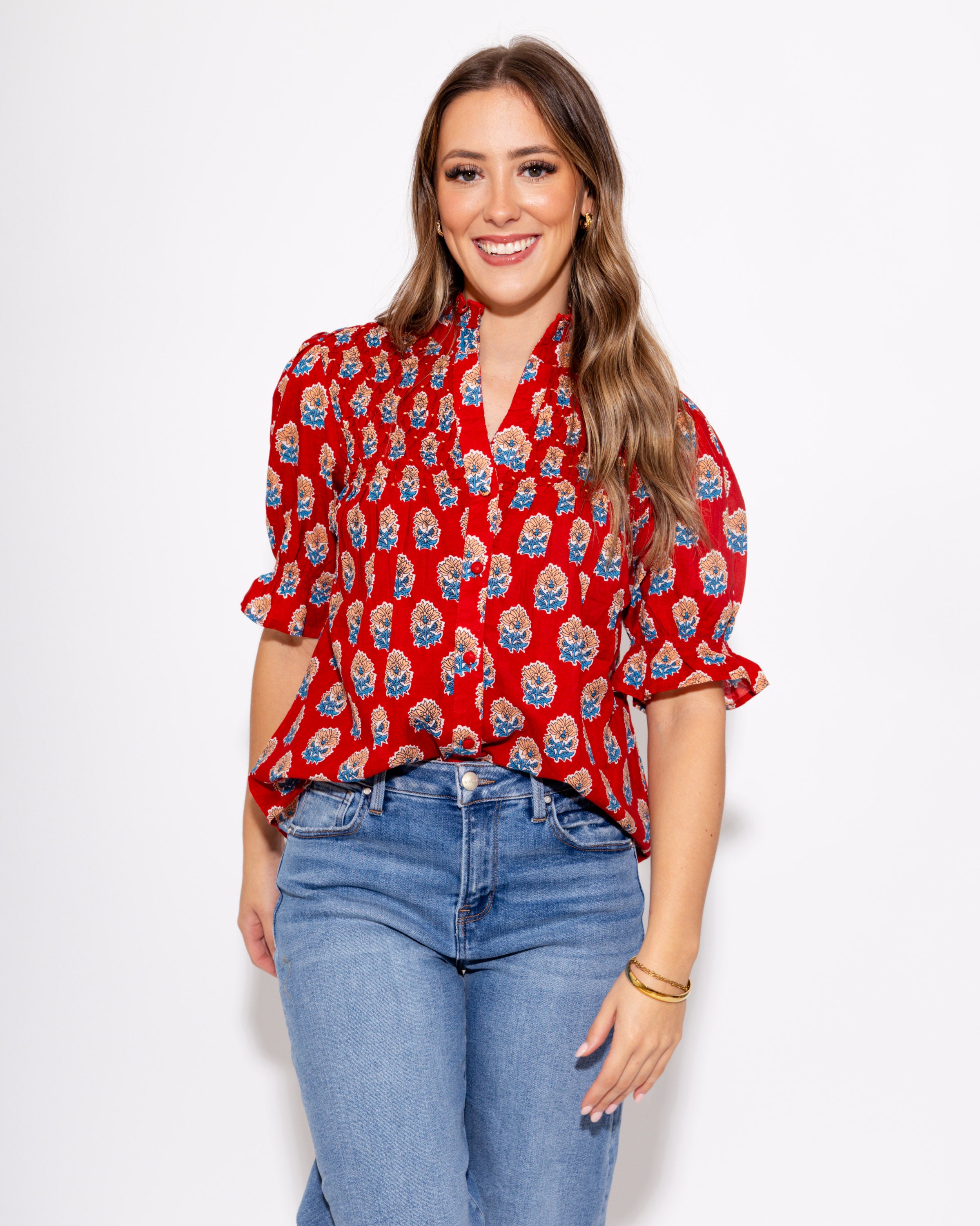 Floral Motif Ruffle Neck Top