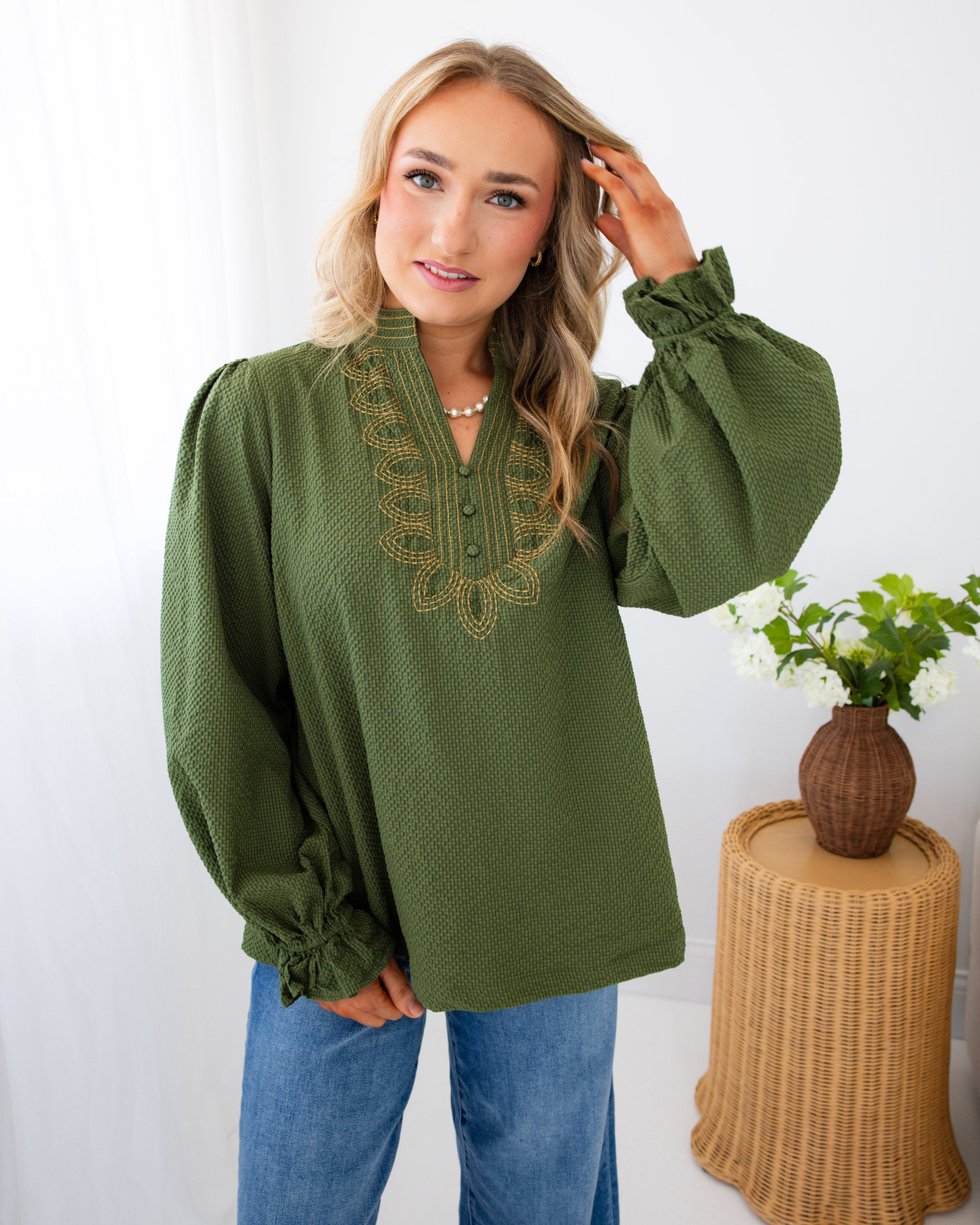 Embroidered Textured Top in Olive