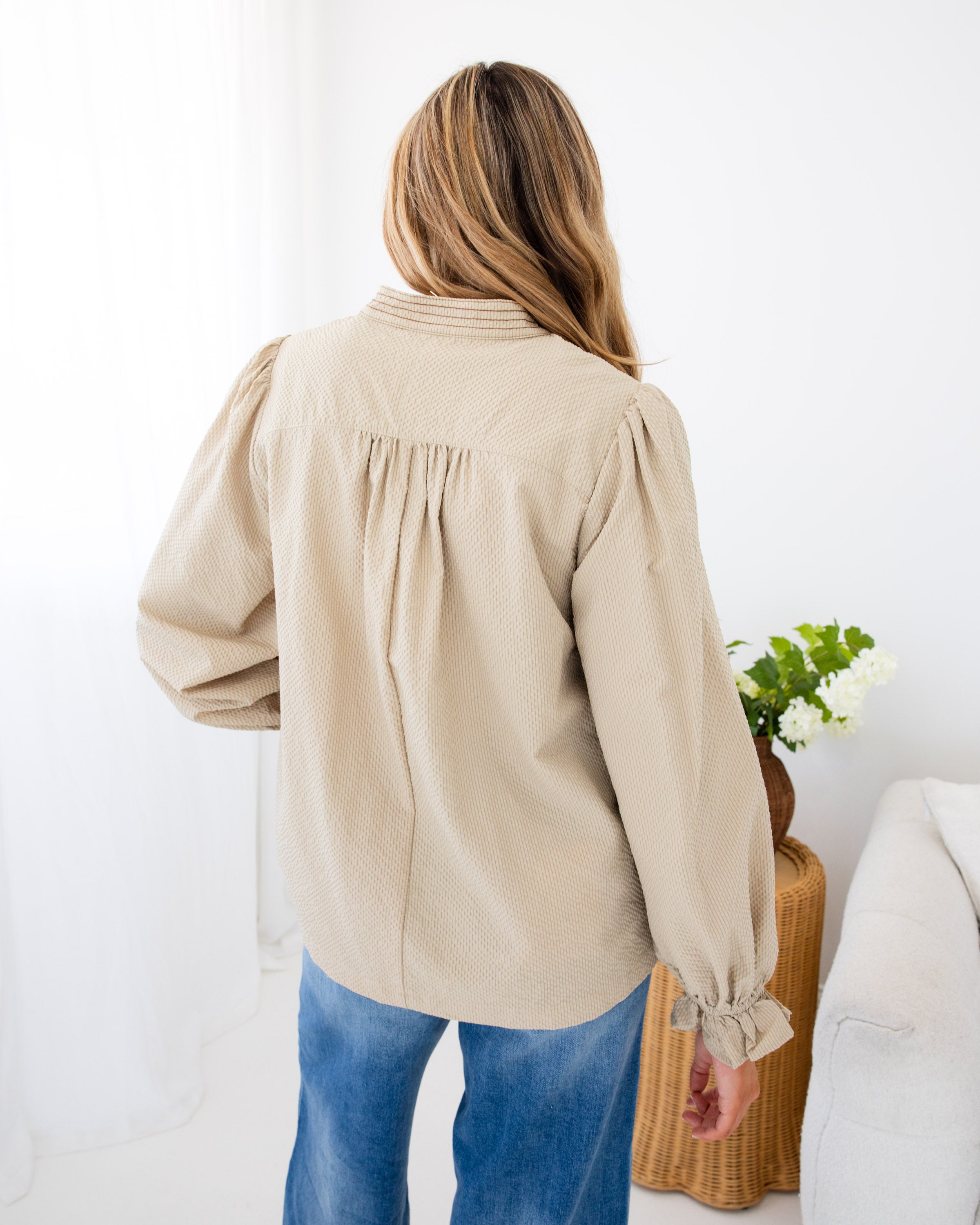 Embroidered Textured Top in Tan