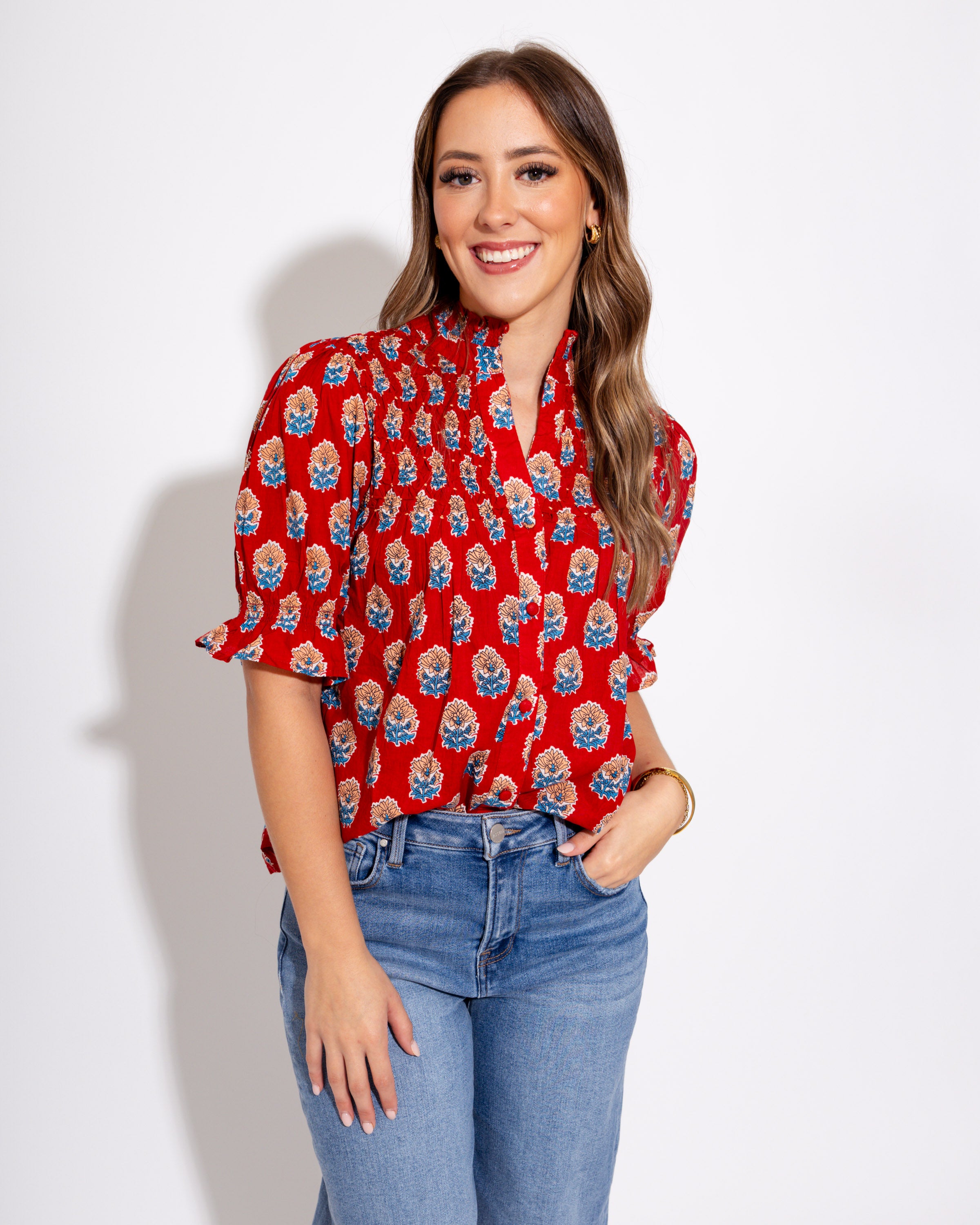 Floral Motif Ruffle Neck Top