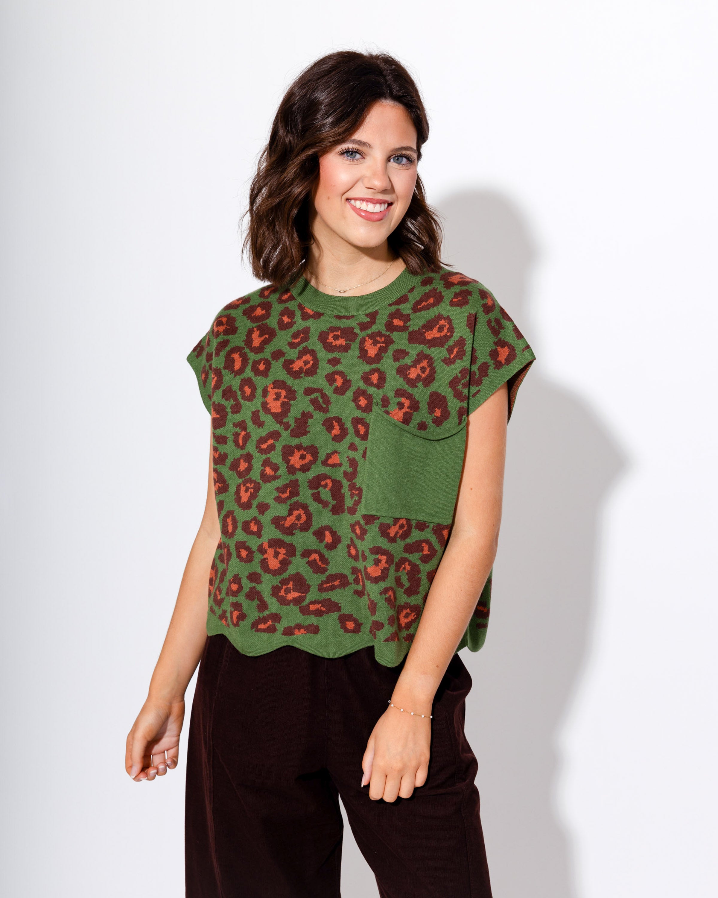 Scallop Edge Animal Print Top in Olive