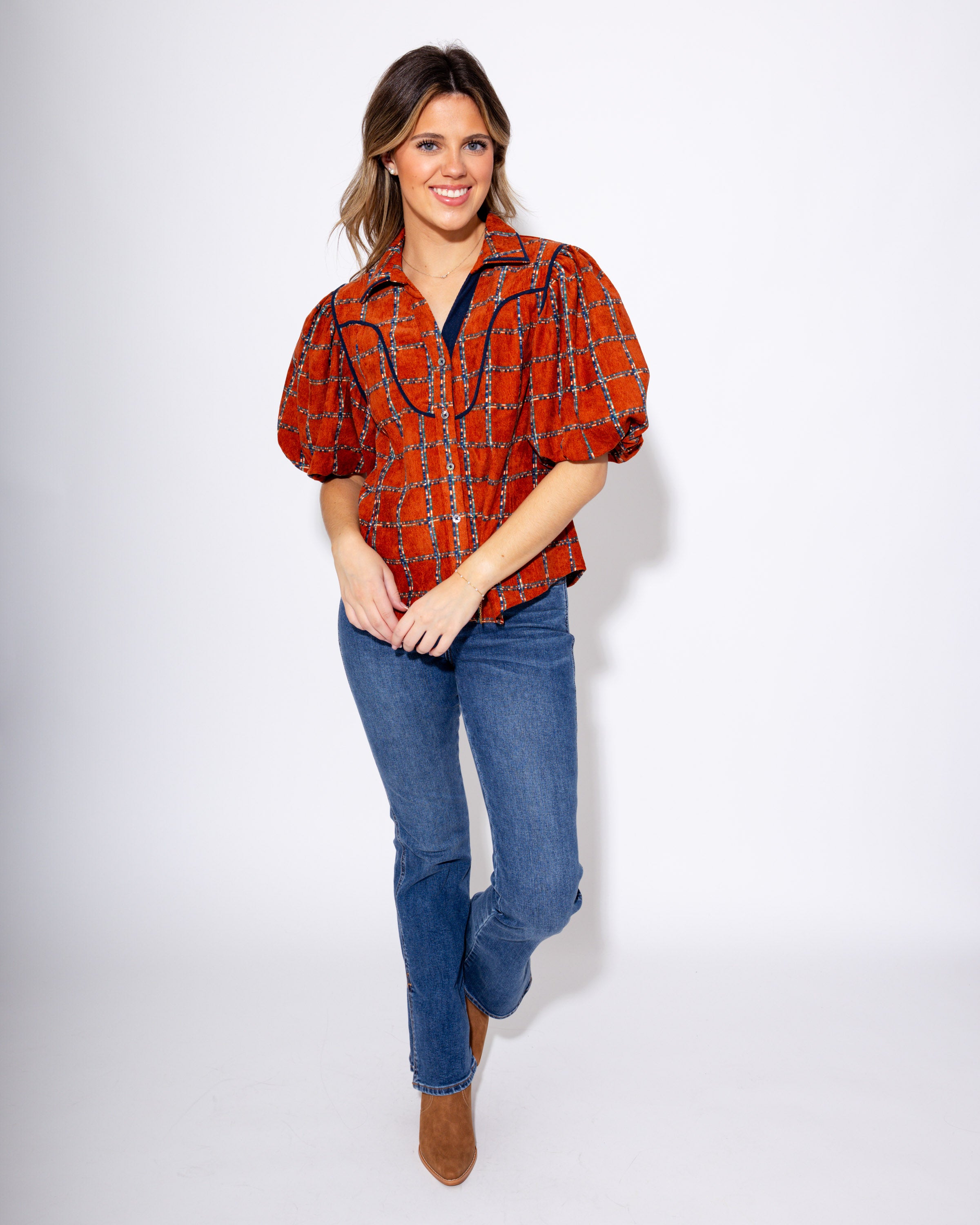 Plaid Puff Sleeve Corduroy Top