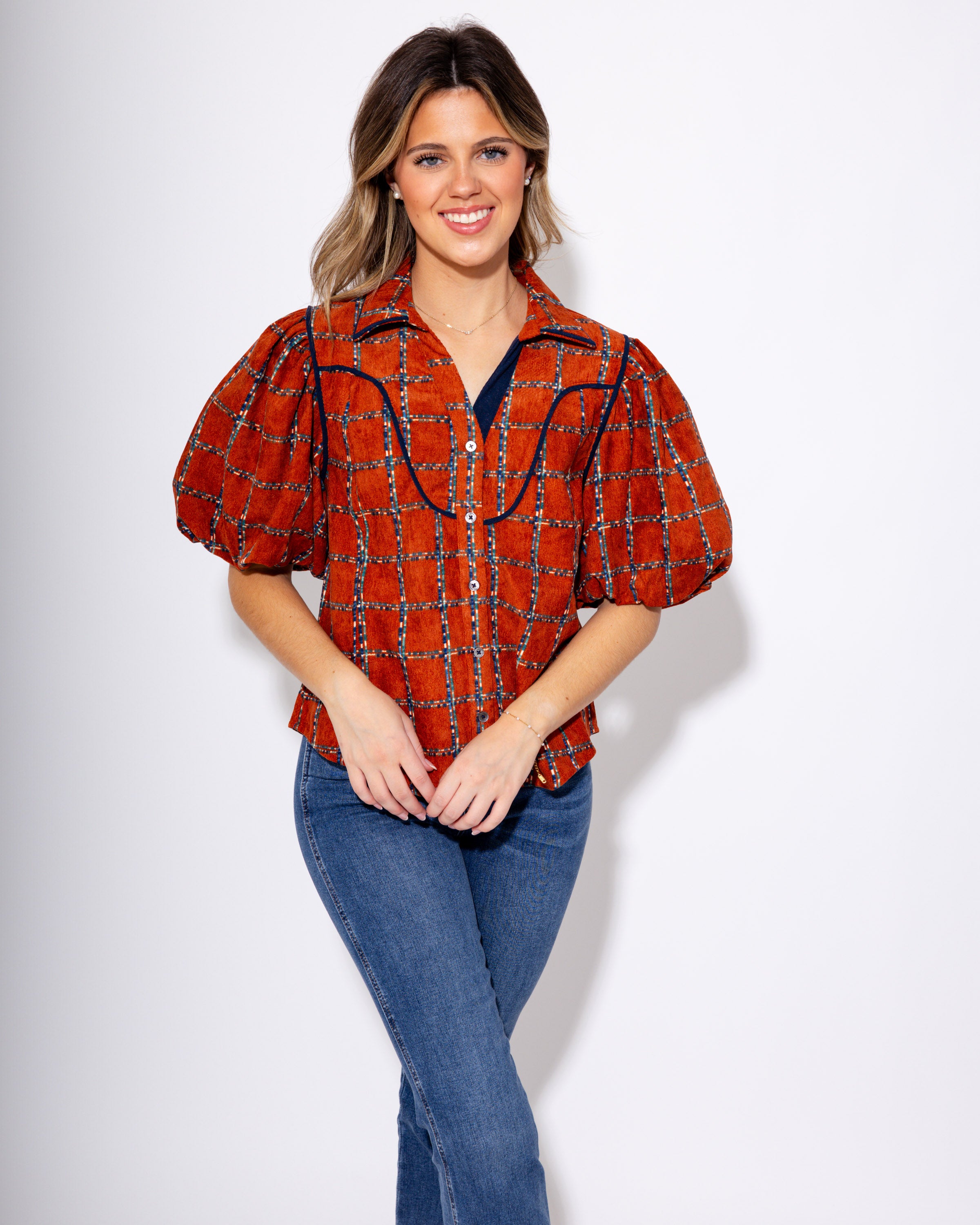Plaid Puff Sleeve Corduroy Top