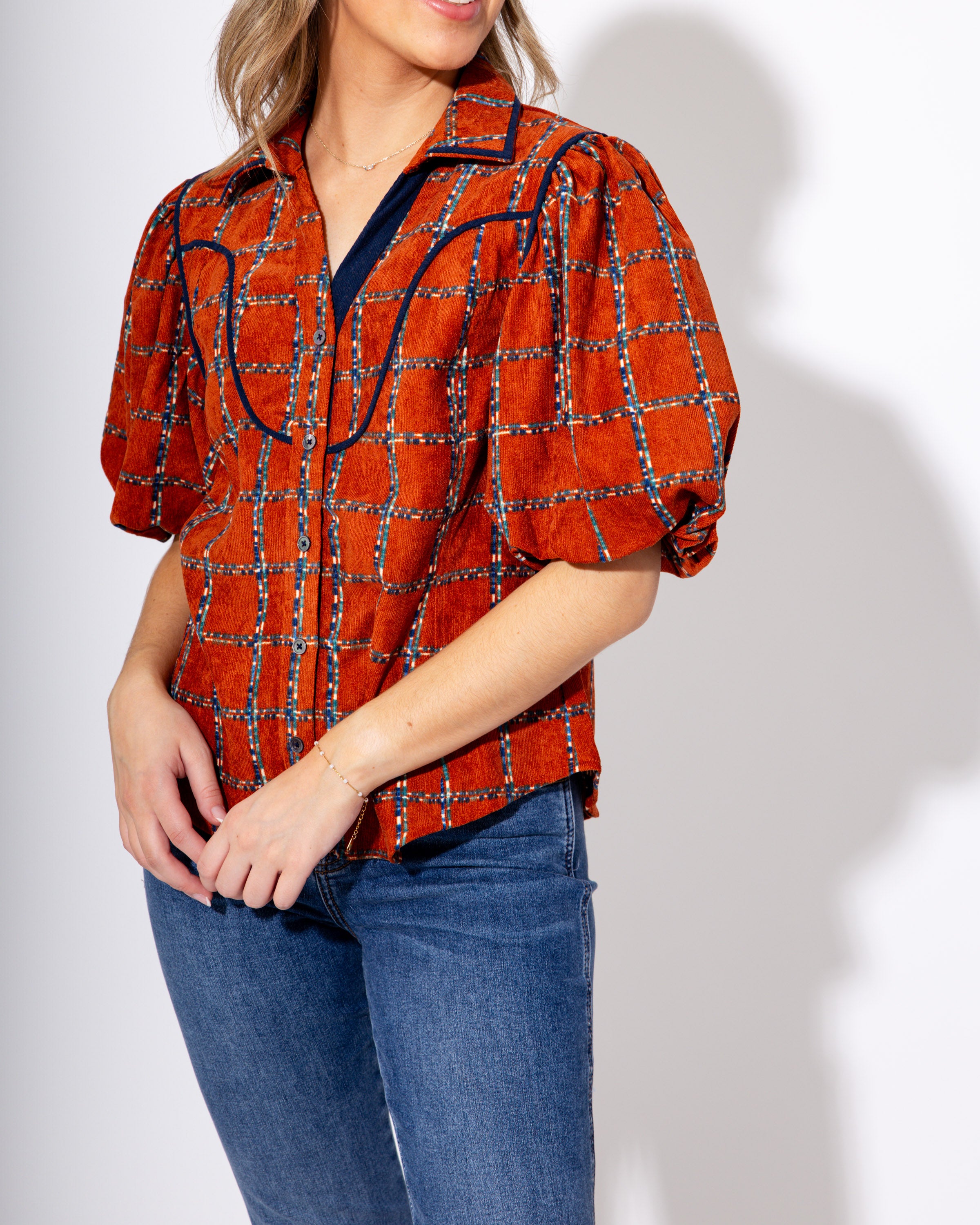 Plaid Puff Sleeve Corduroy Top