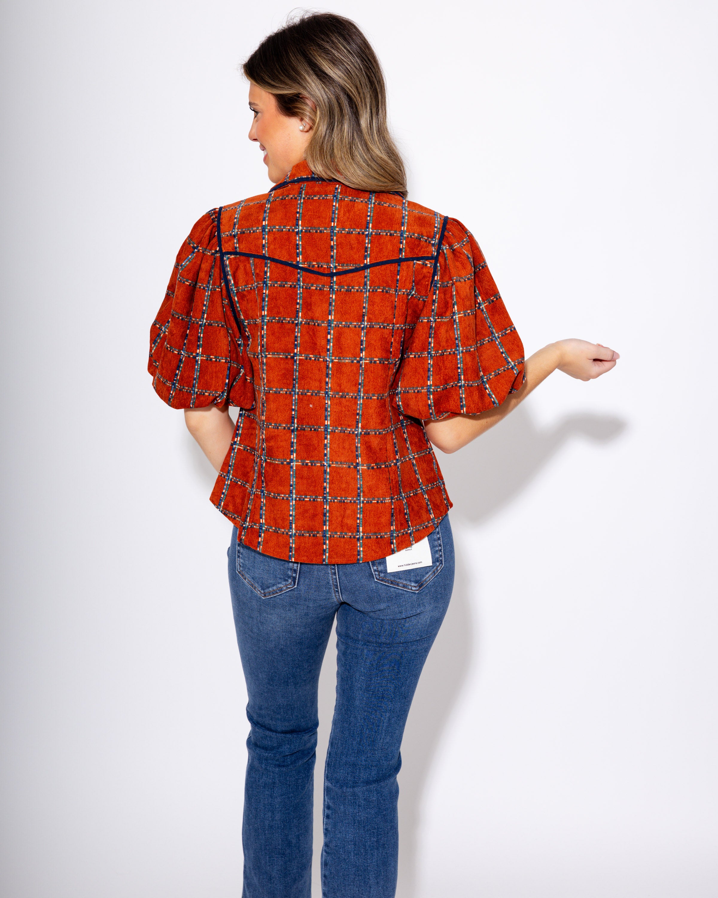 Plaid Puff Sleeve Corduroy Top
