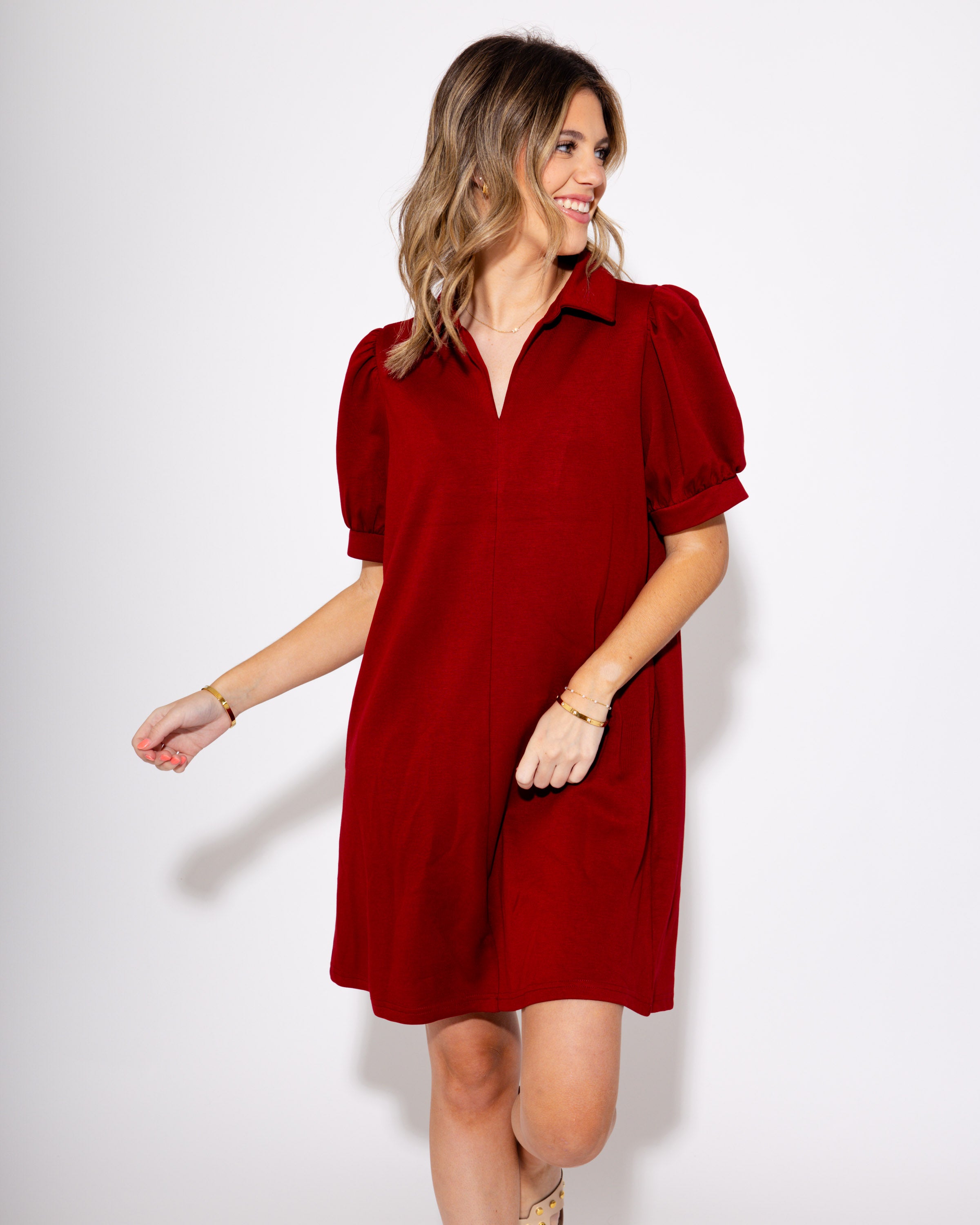 Burgundy Lane Split Neck Short Sleeve Mini Dress