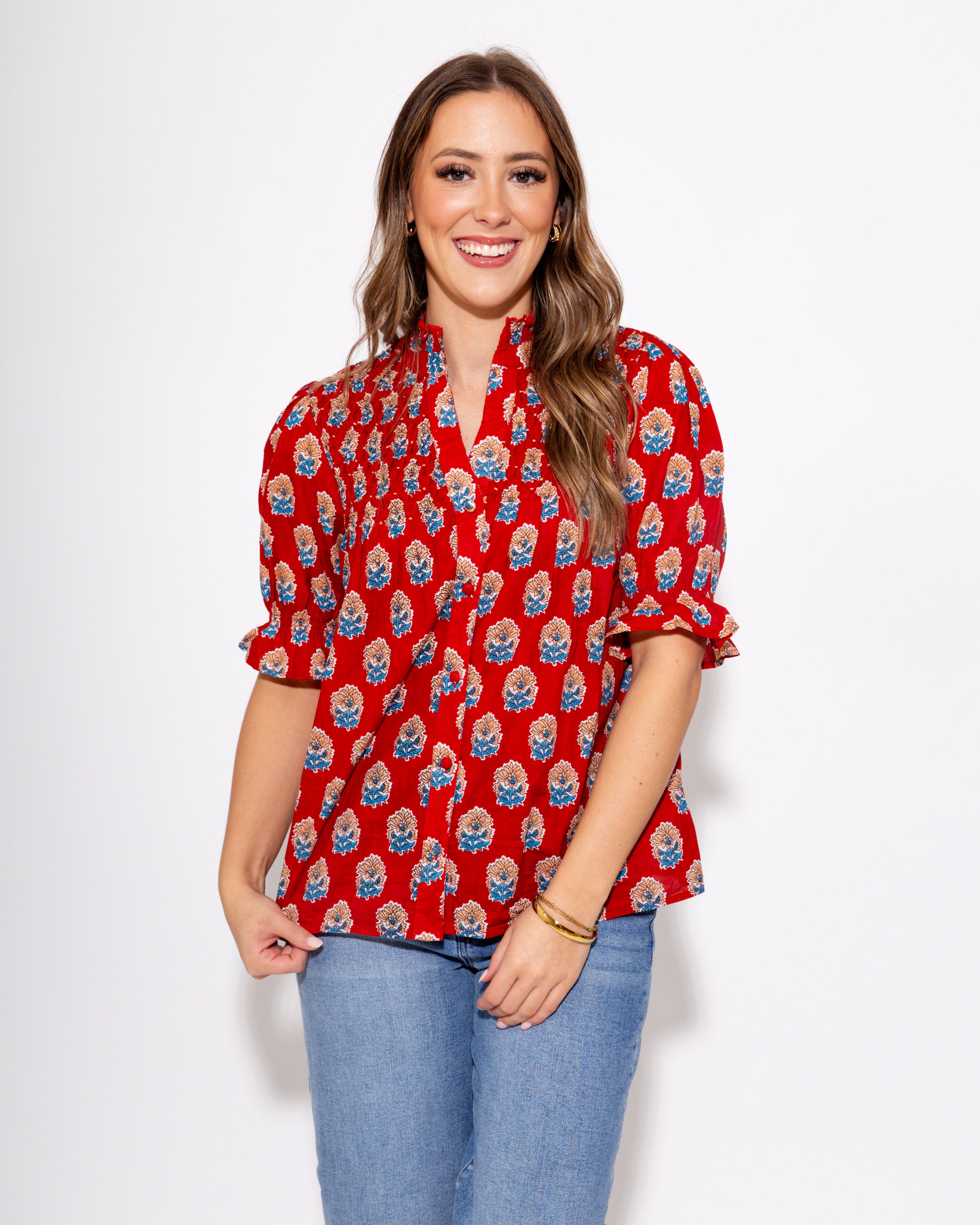 Floral Motif Ruffle Neck Top