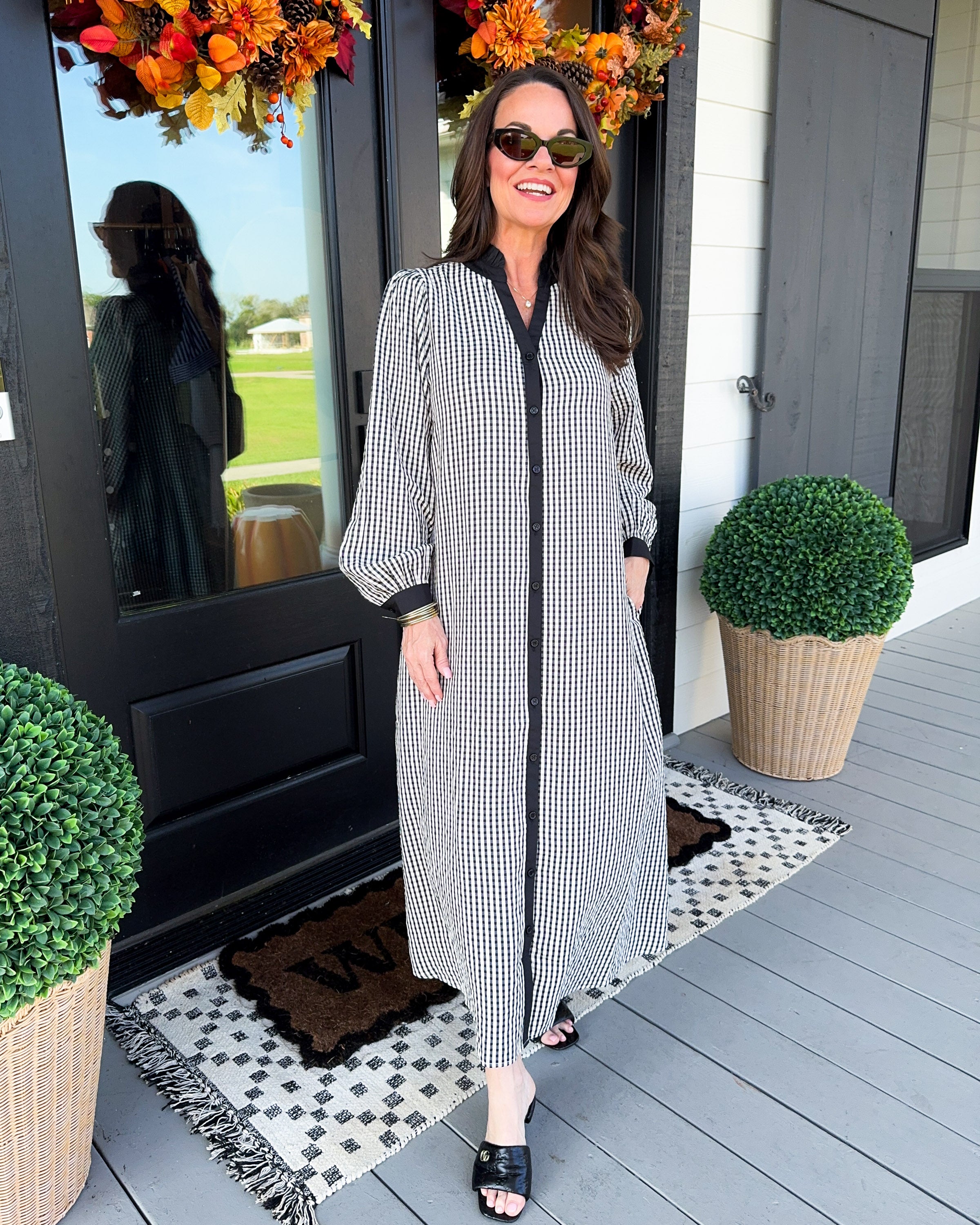 Gingham Button Down Midi Dress in Black