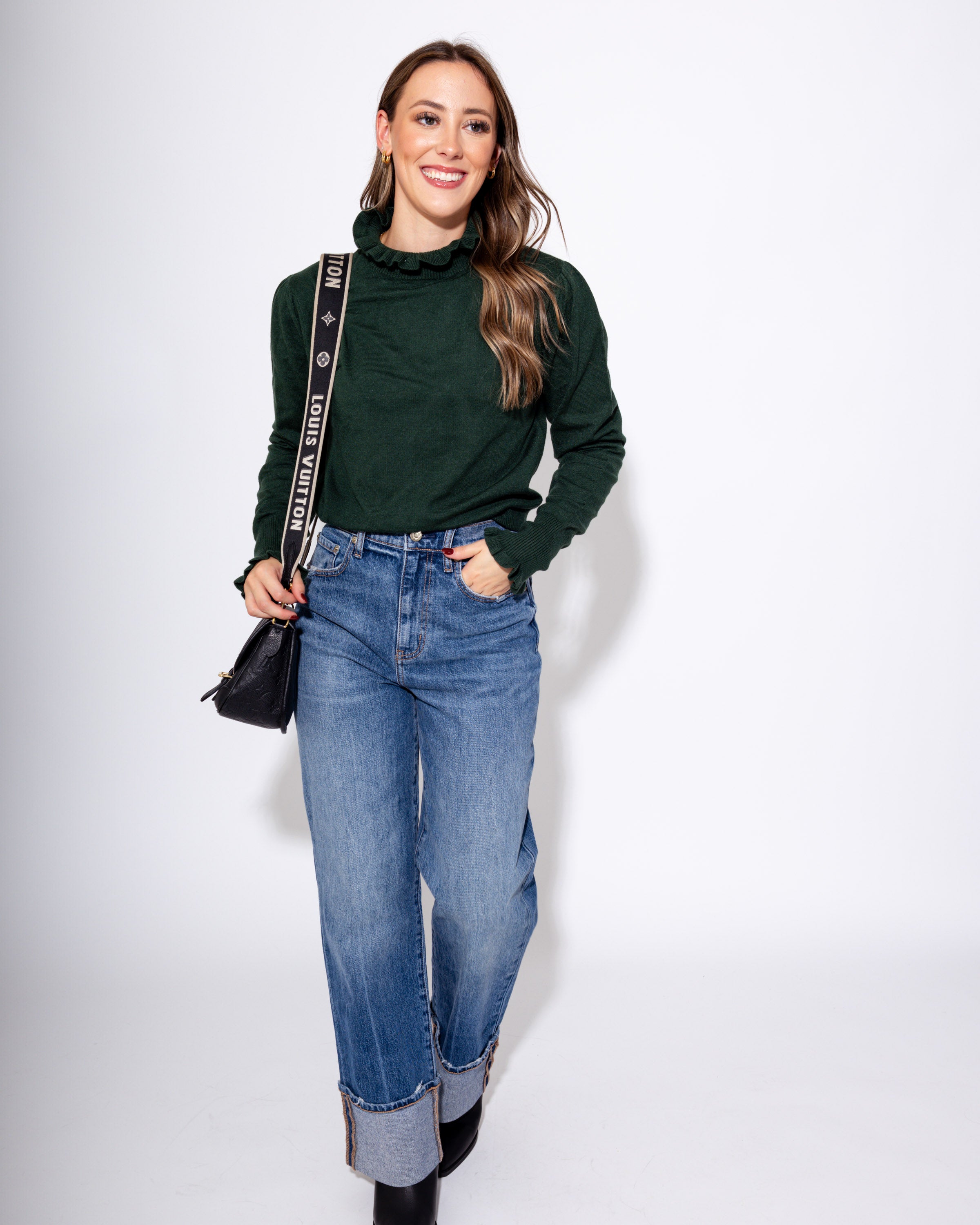 Ruffle Trim Mock Neck Sweater in Green