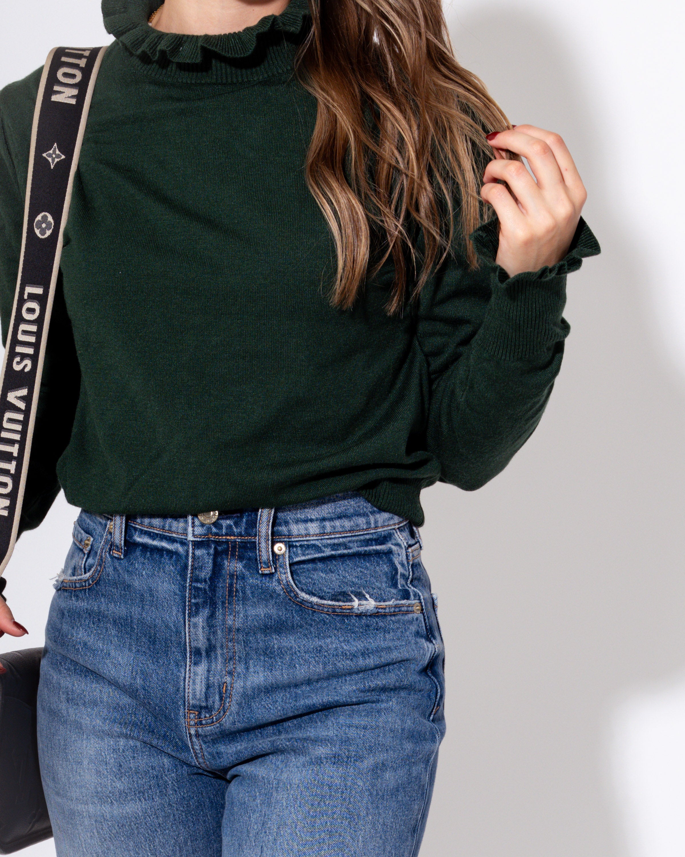 Ruffle Trim Mock Neck Sweater in Green