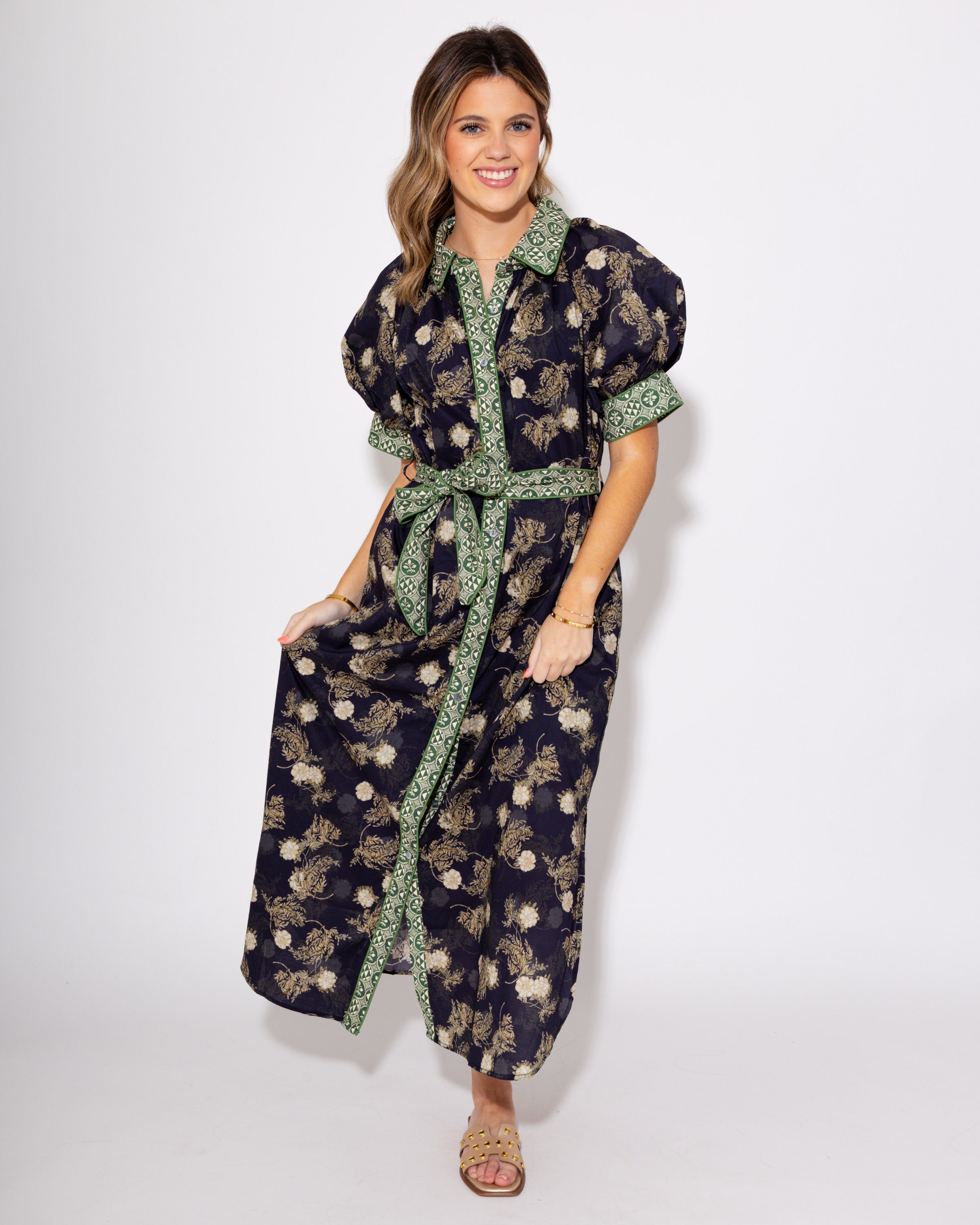 Navy Bloom Belted Midi Dress