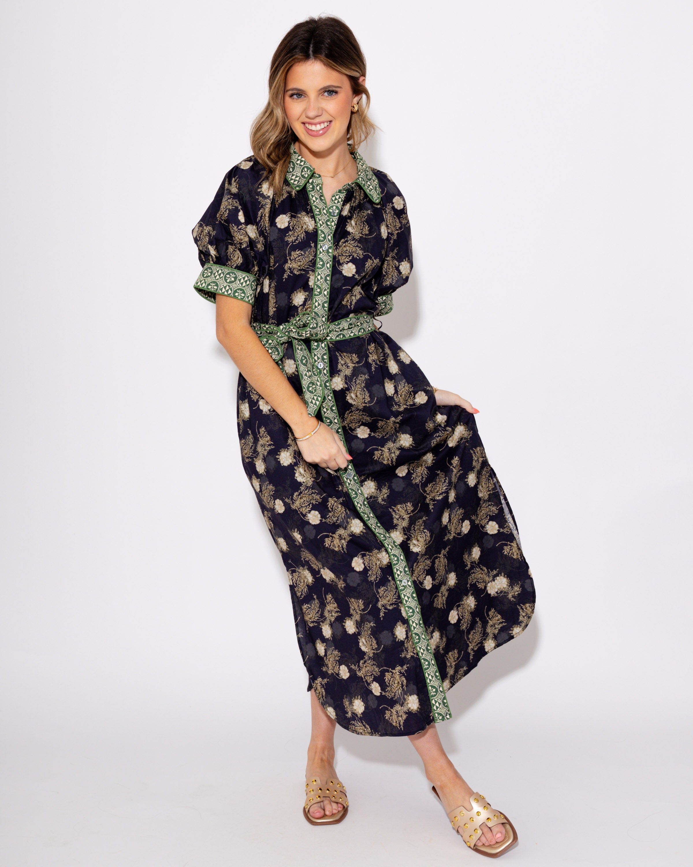 Navy Bloom Belted Midi Dress