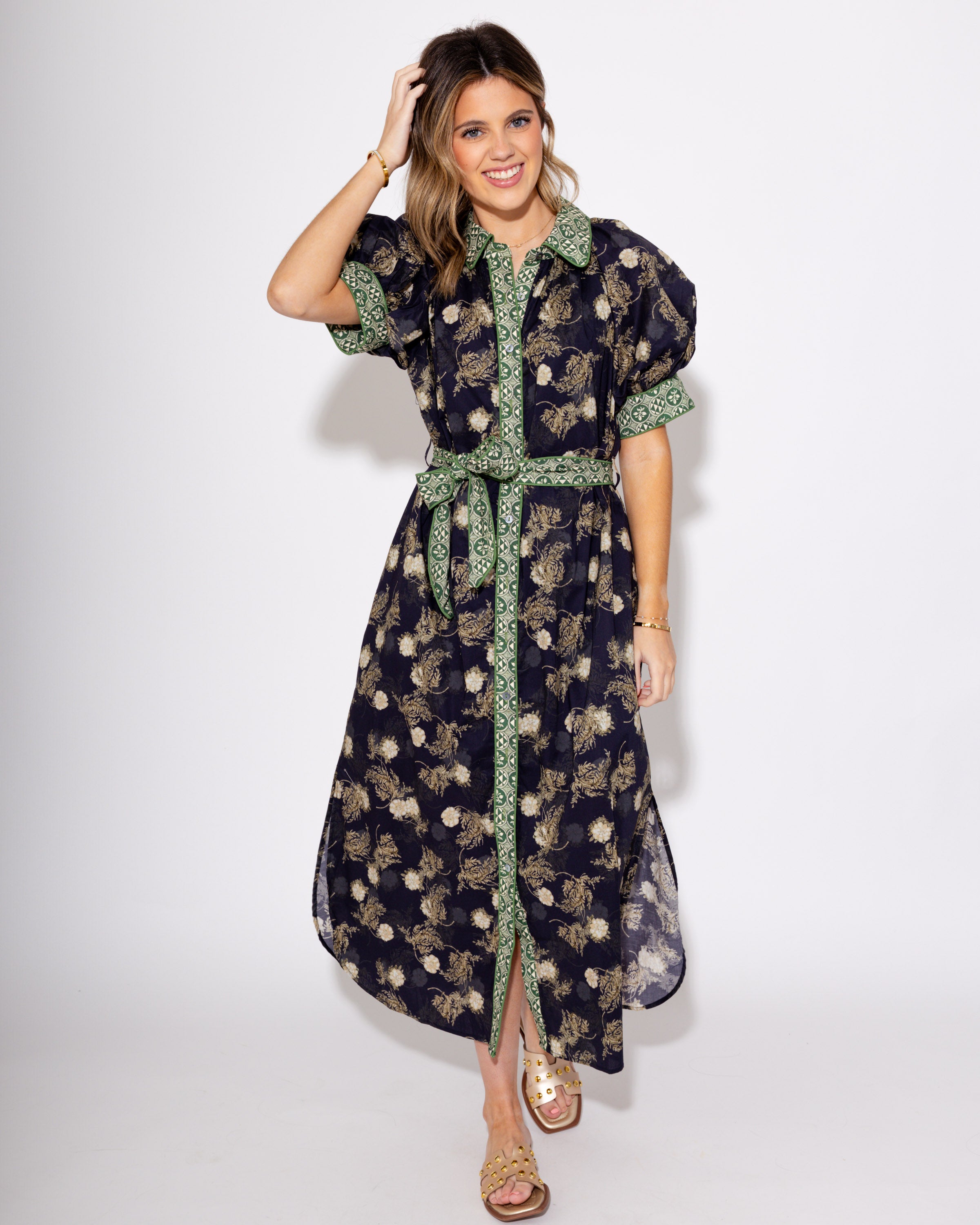 Navy Bloom Belted Midi Dress