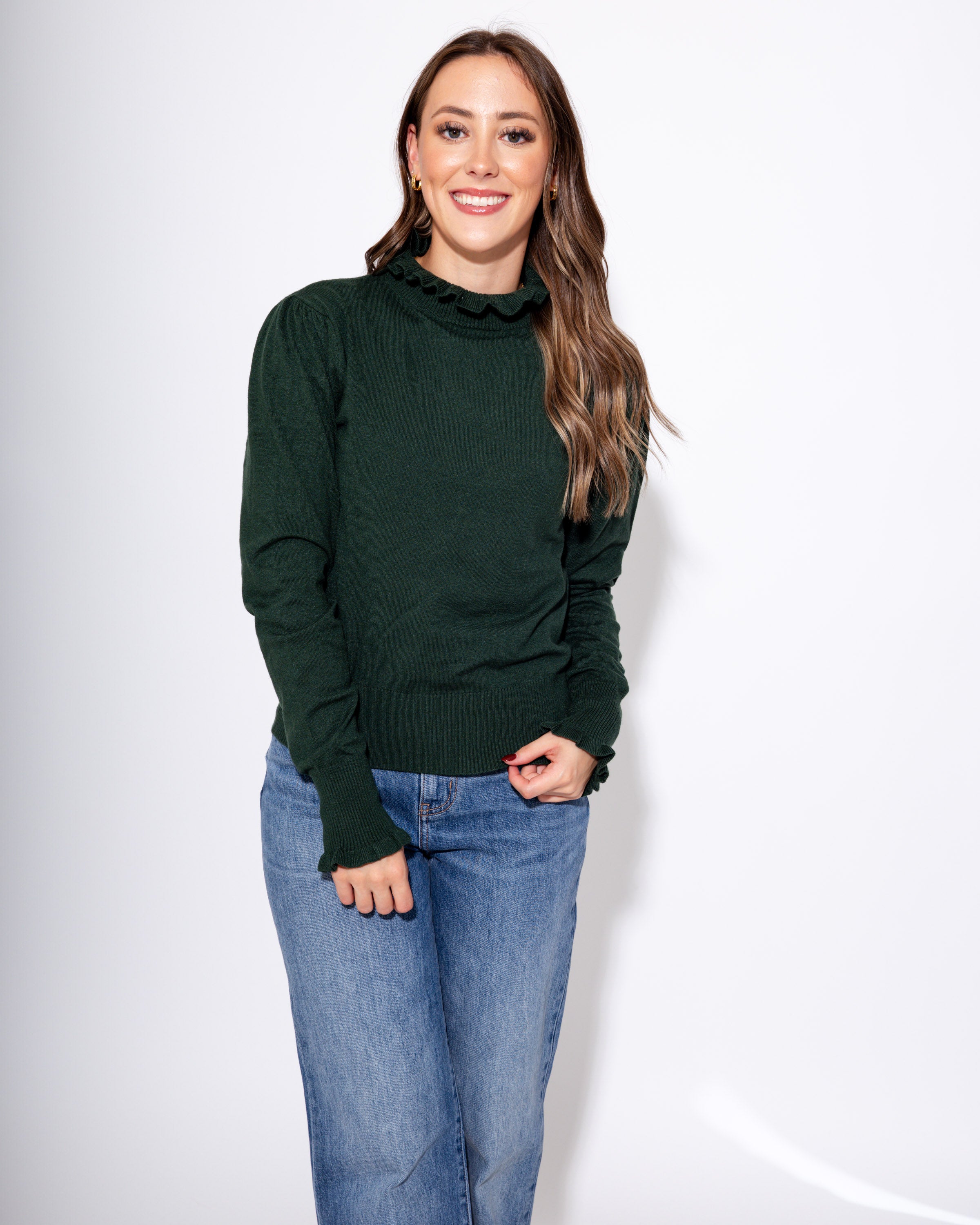Ruffle Trim Mock Neck Sweater in Green