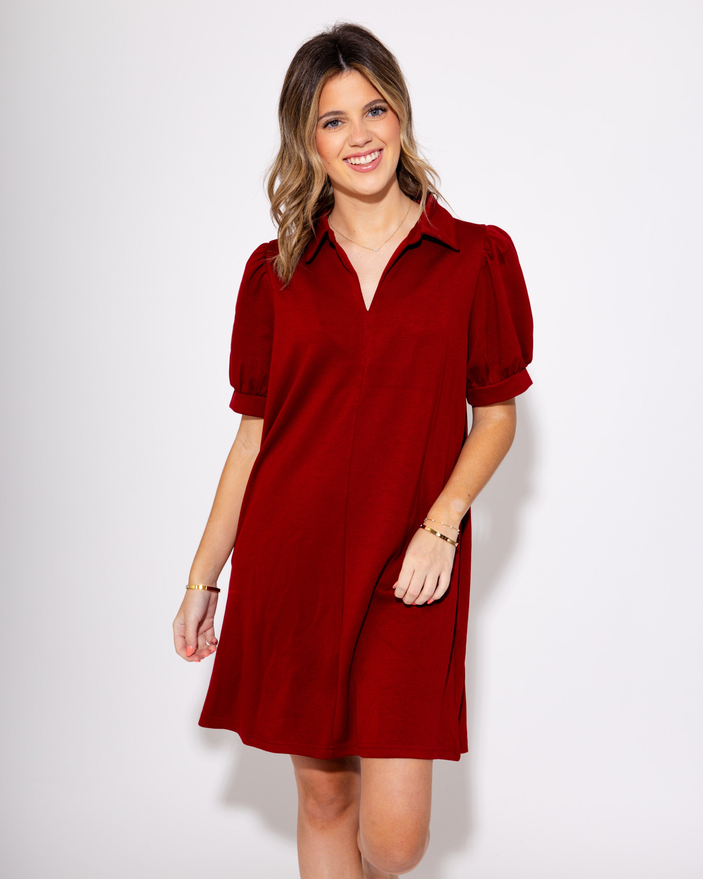 Burgundy Lane Split Neck Short Sleeve Mini Dress