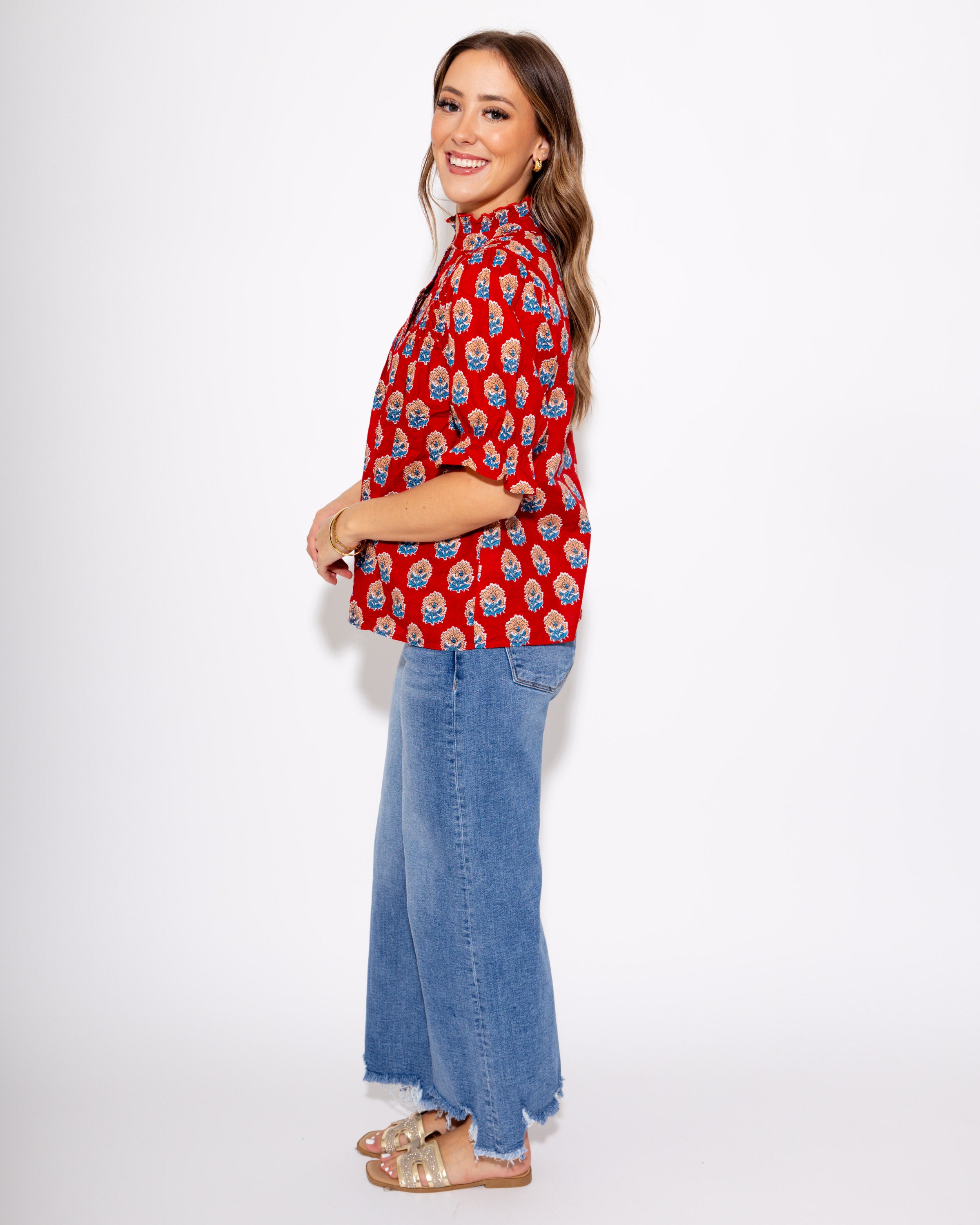 Floral Motif Ruffle Neck Top