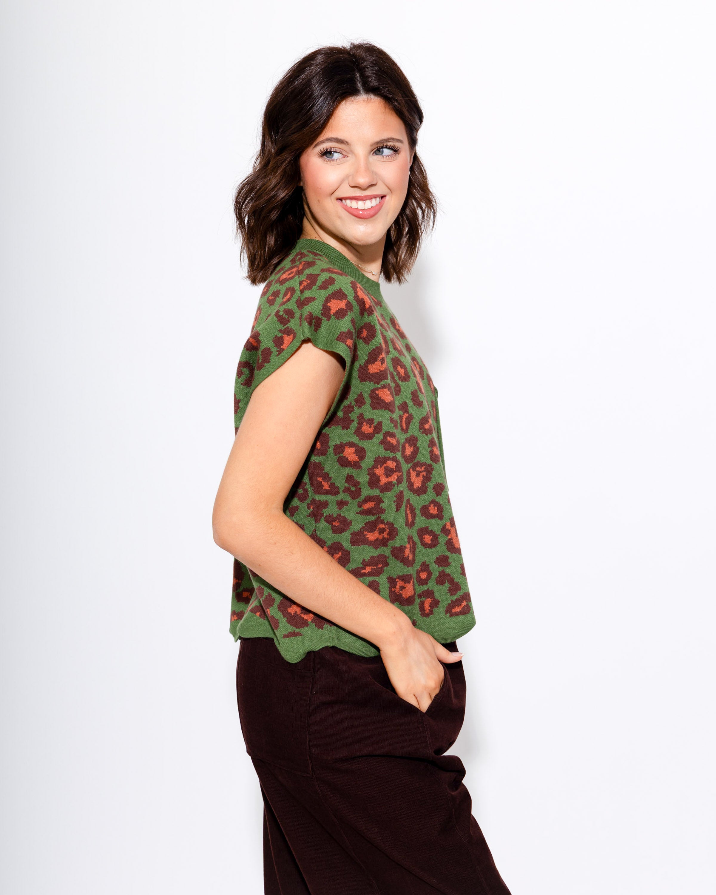 Scallop Edge Animal Print Top in Olive