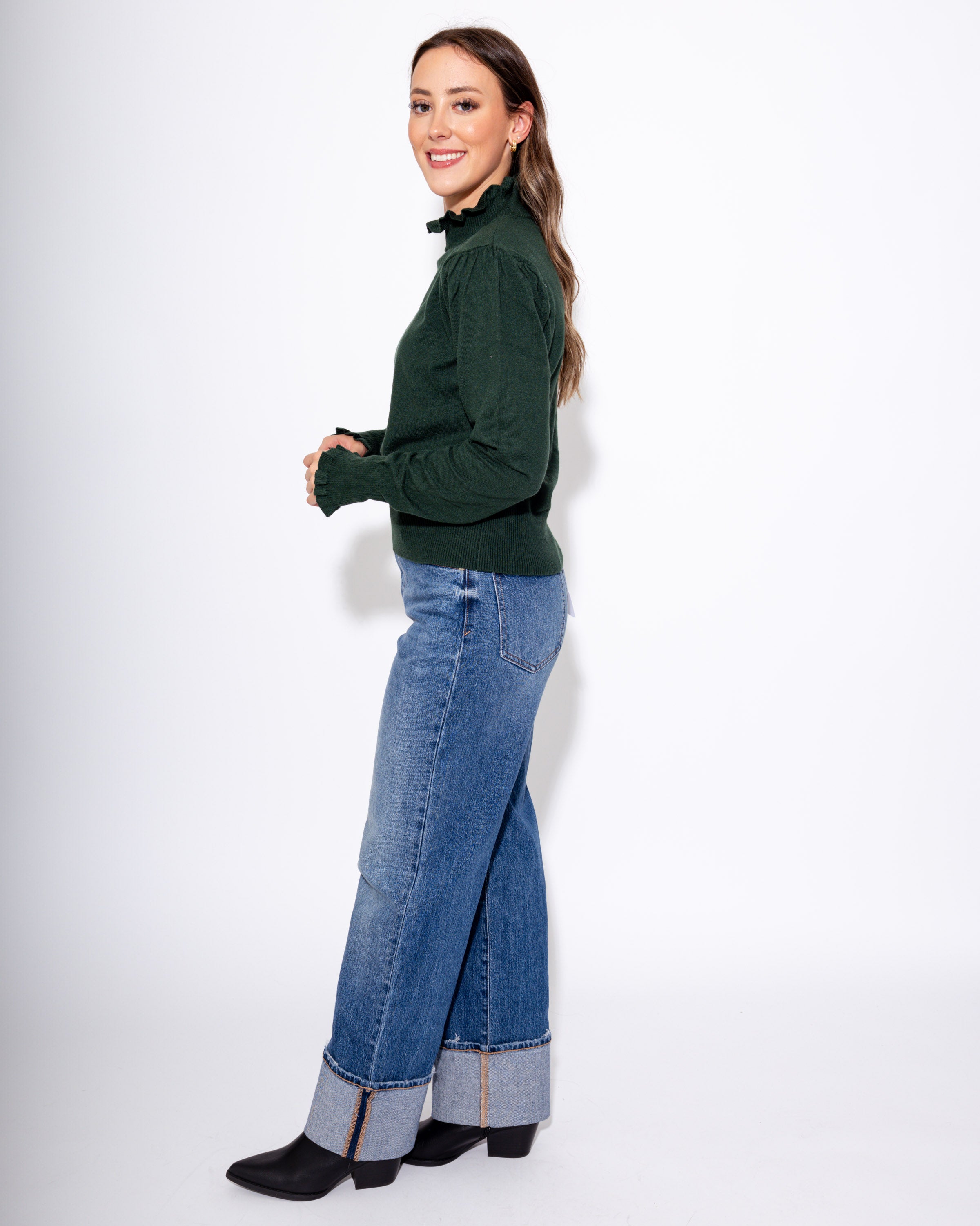 Ruffle Trim Mock Neck Sweater in Green