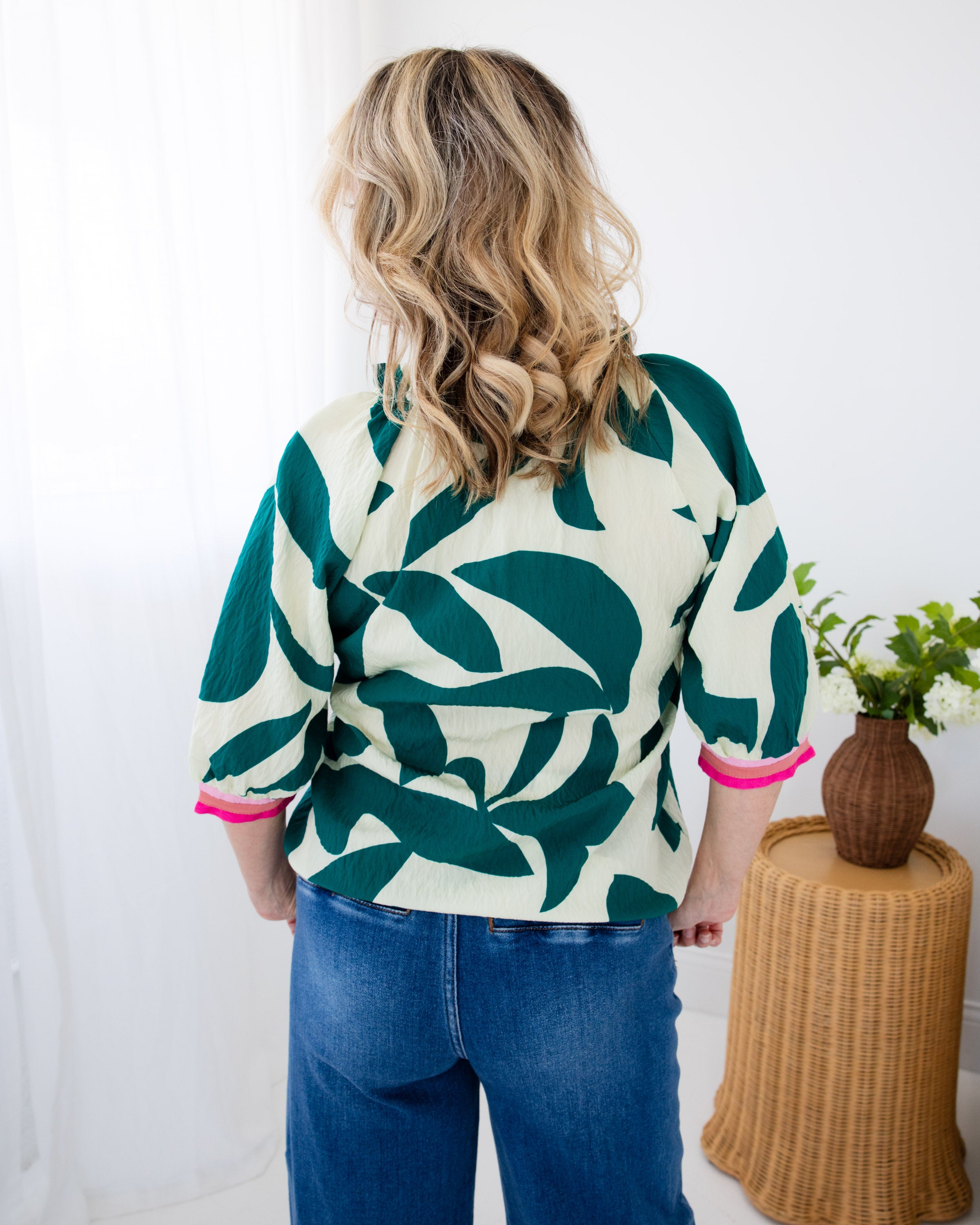 Silky Geometric Contrast Trim Top