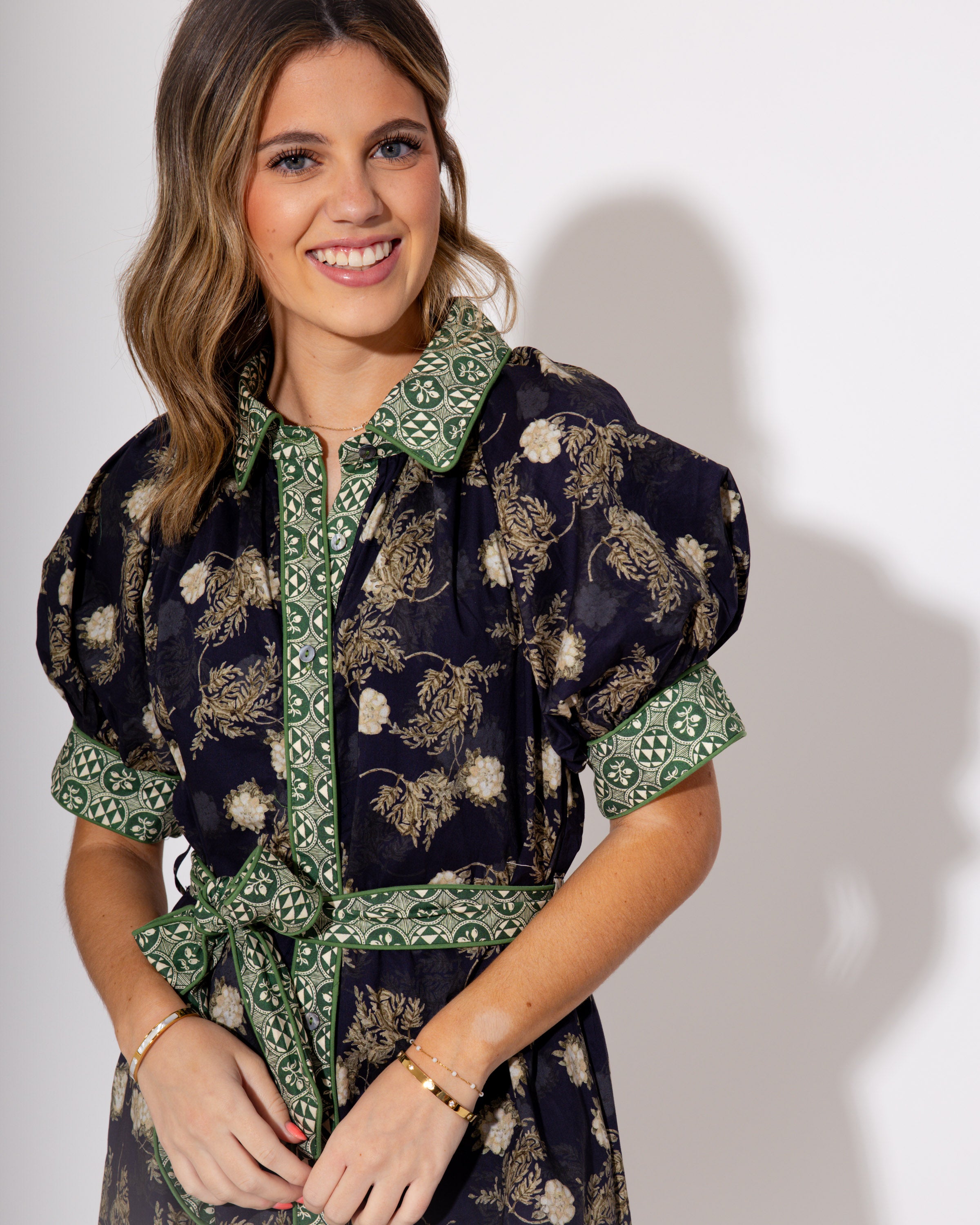 Navy Bloom Belted Midi Dress