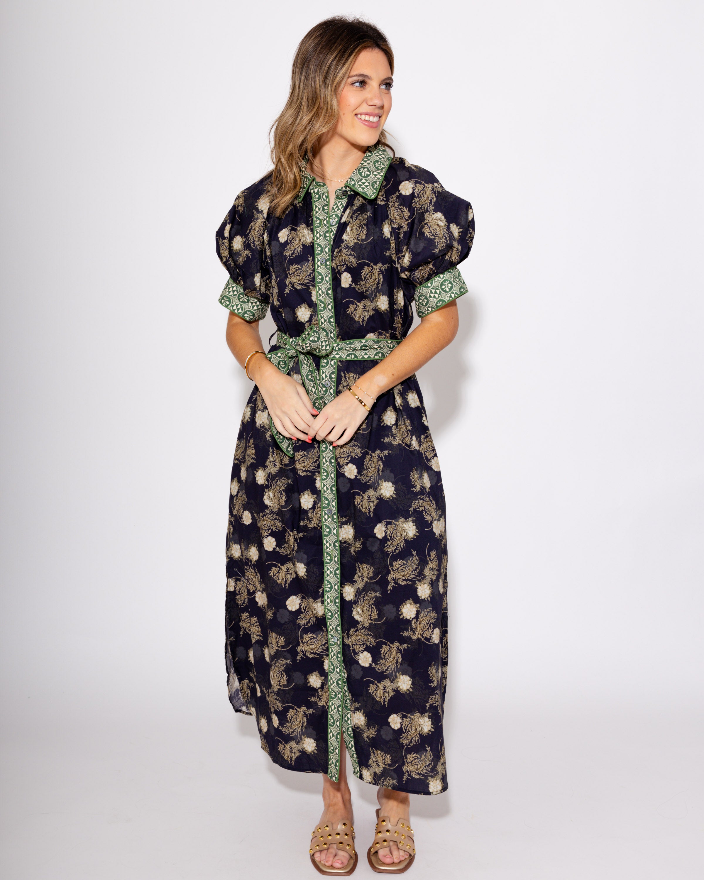 Navy Bloom Belted Midi Dress