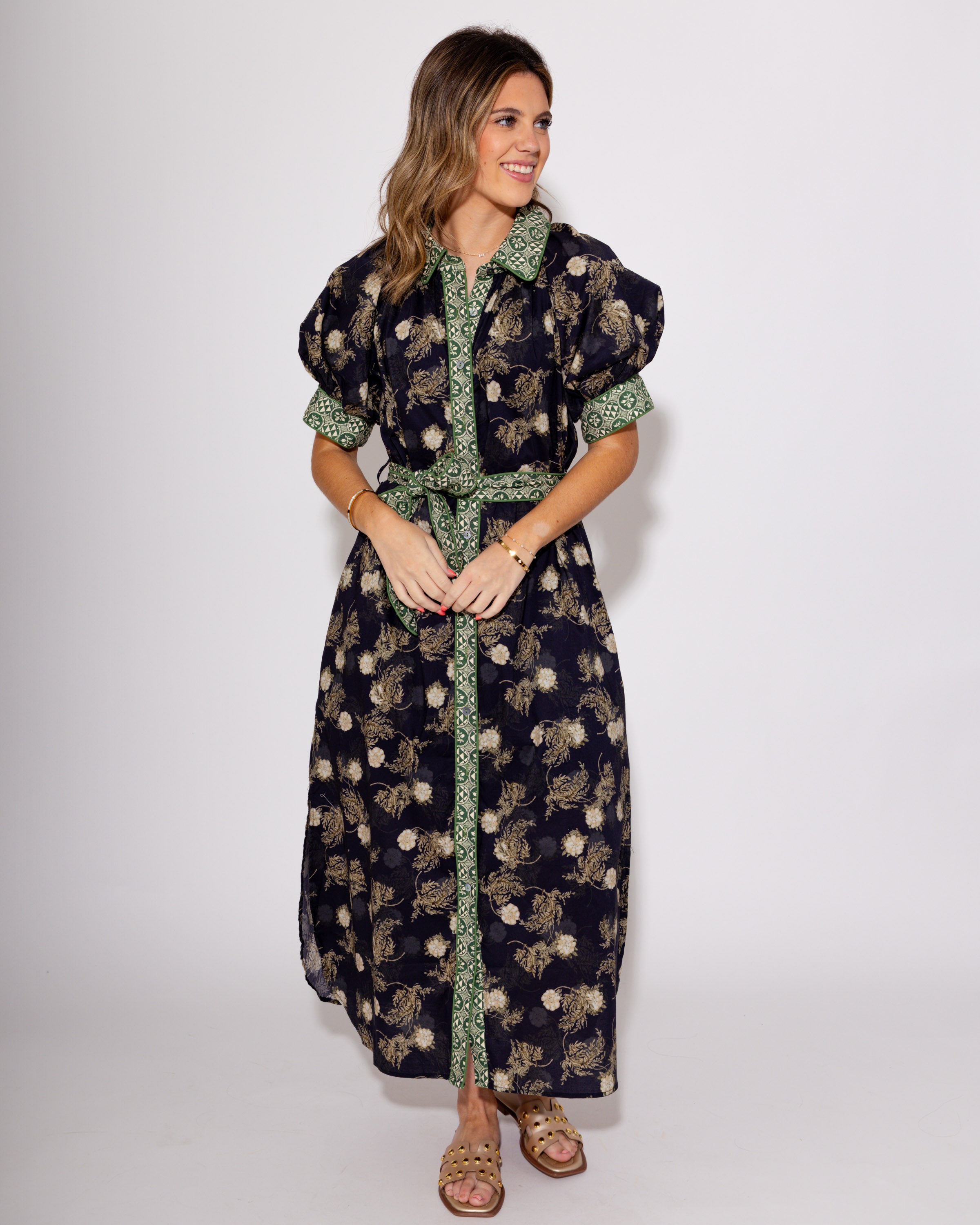 Navy Bloom Belted Midi Dress