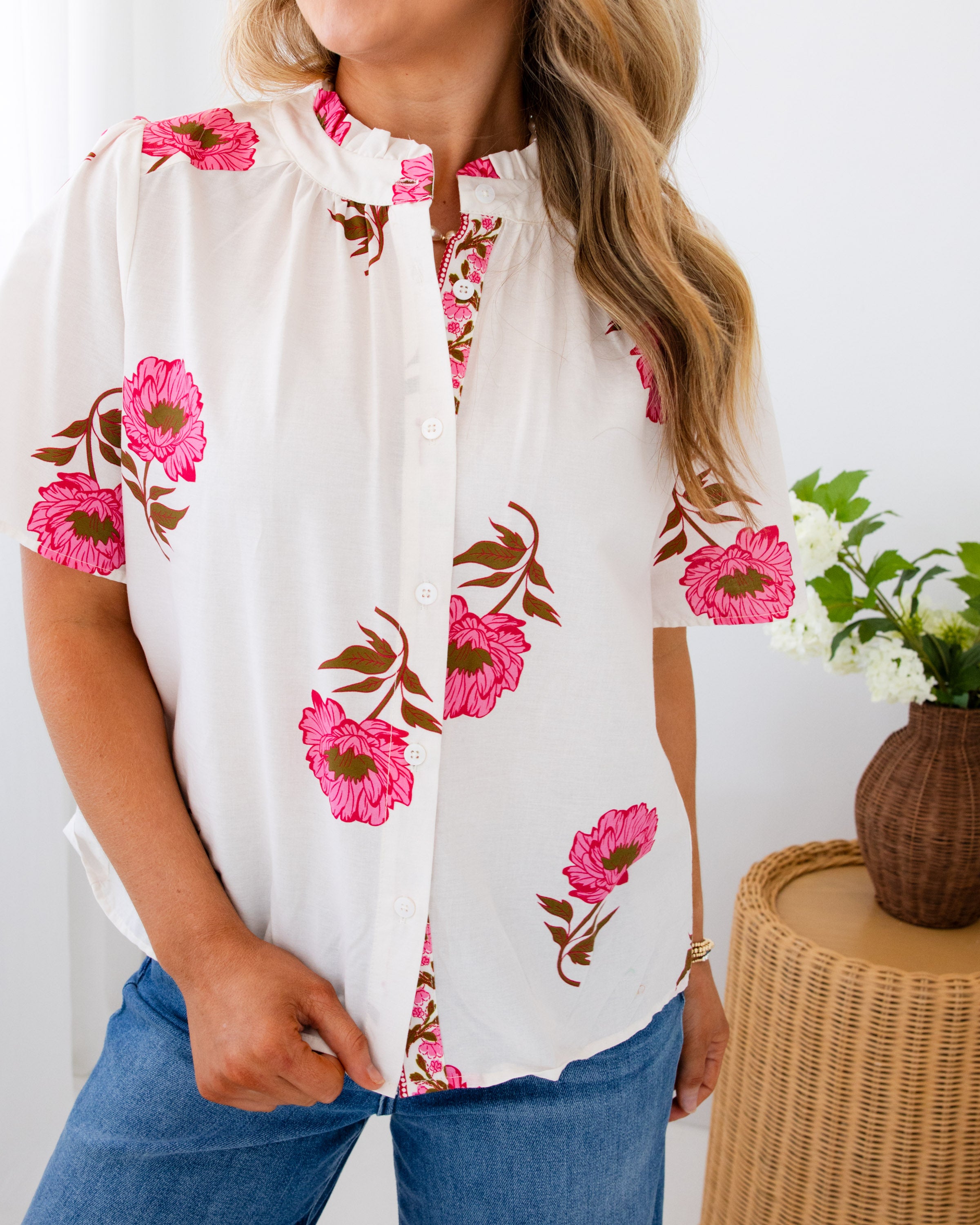 Pink Floral Button Up Top