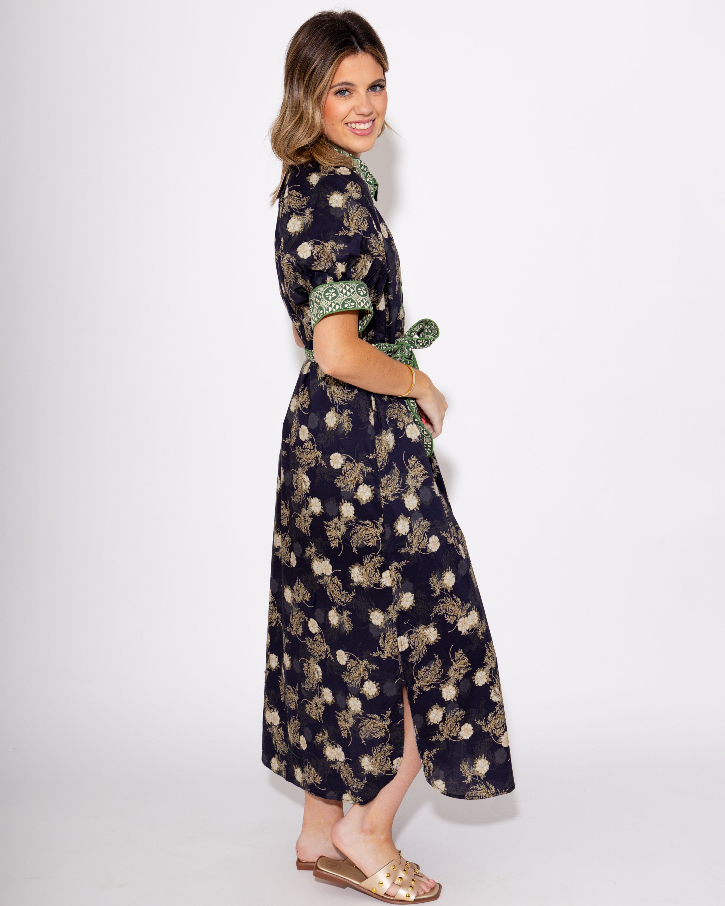 Navy Bloom Belted Midi Dress
