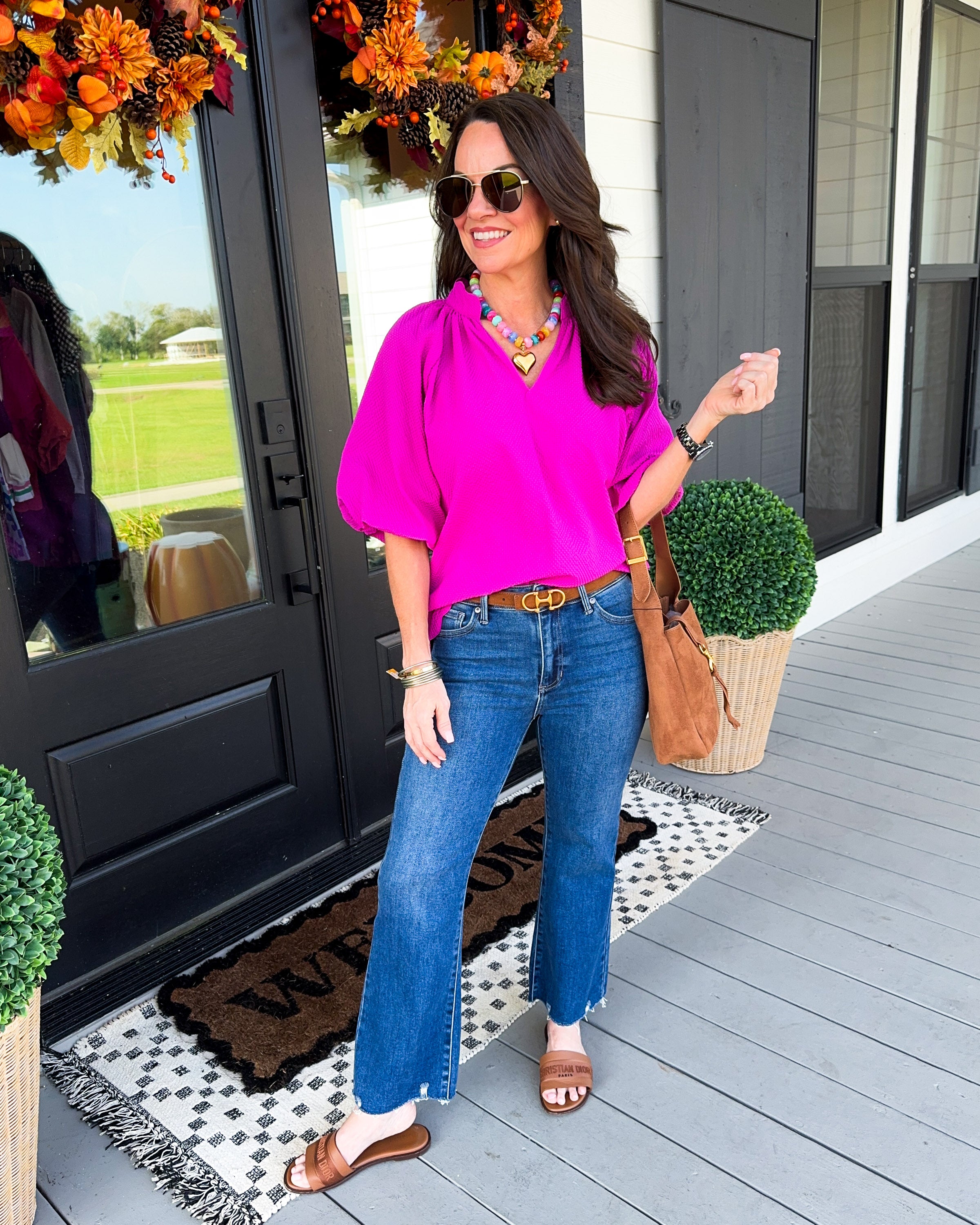 Seersucker Bubble Sleeve Top in Magenta