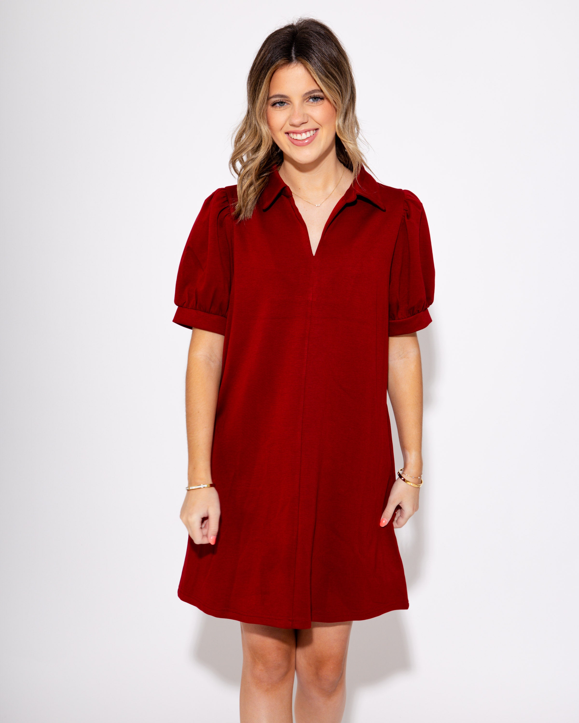 Burgundy Lane Split Neck Short Sleeve Mini Dress