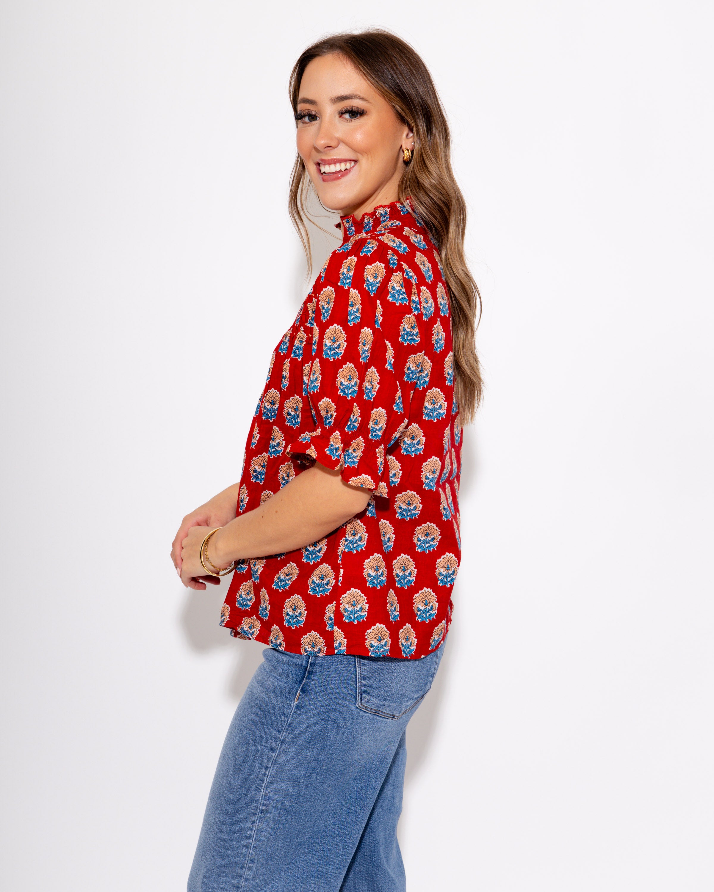Floral Motif Ruffle Neck Top